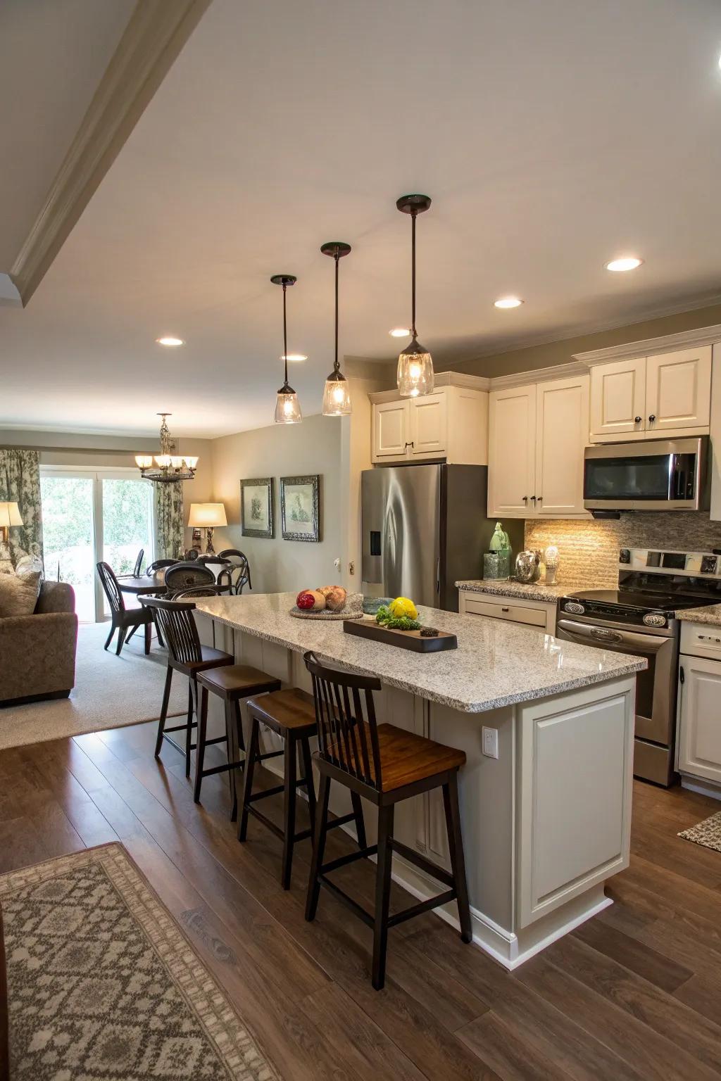 An island stretching to incorporate a eating area for peak usefulness.