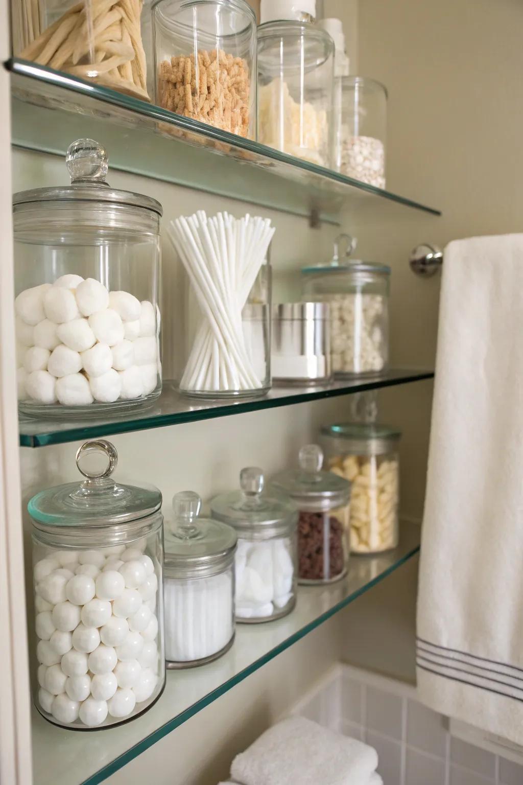 Crystal vases offer fashionable storage for small bathroom essentials.