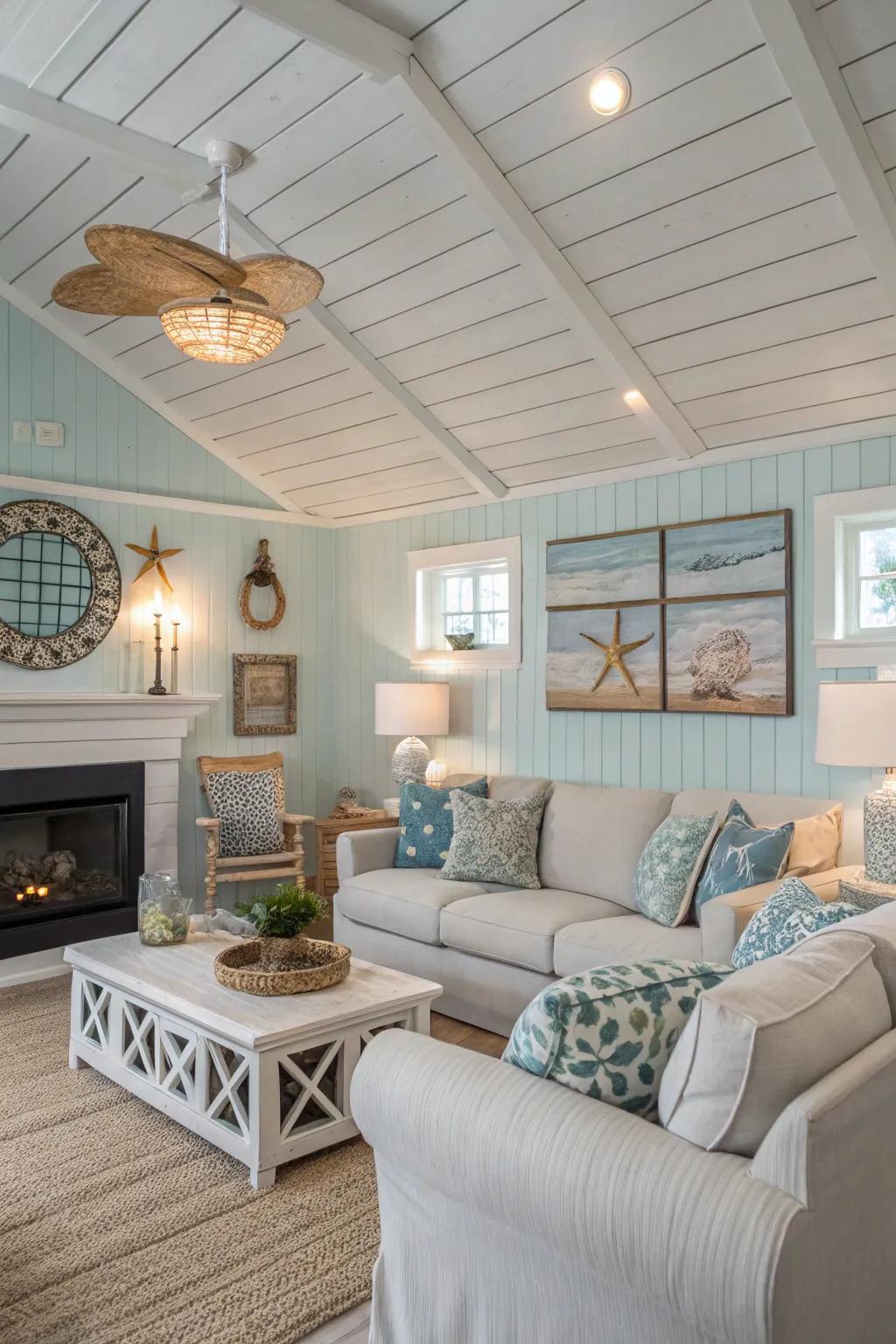 A charming lounge showcasing a shiplap ceiling for a cozy ambiance.
