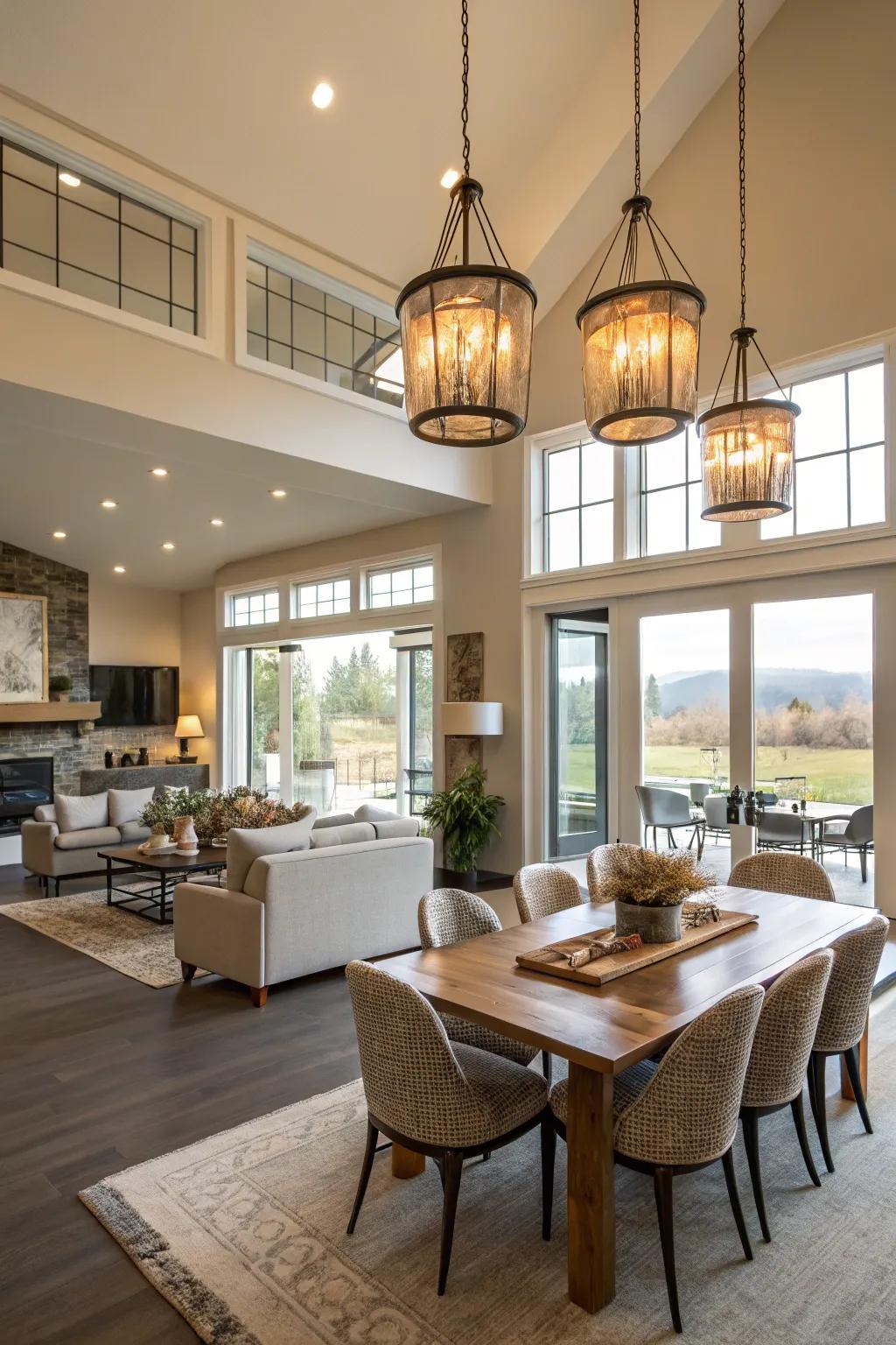 Lighting fixtures aid in delineating and enhancing different zones.