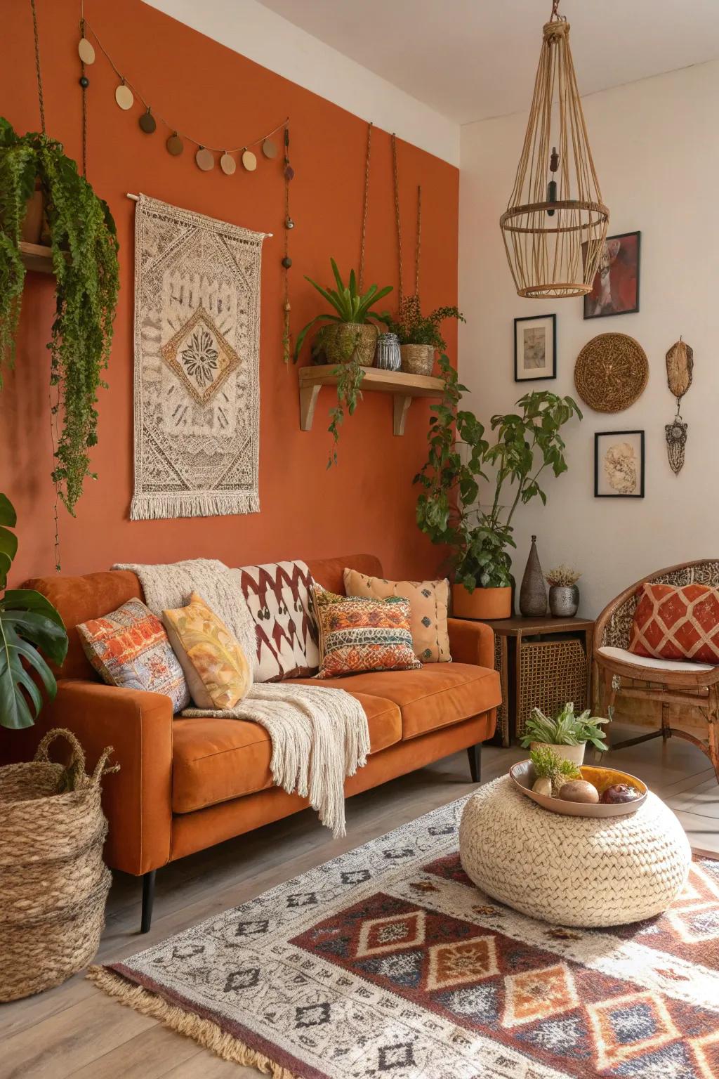 Tangerine and bohemian aspects give rise to a welcoming and personality-filled family room.