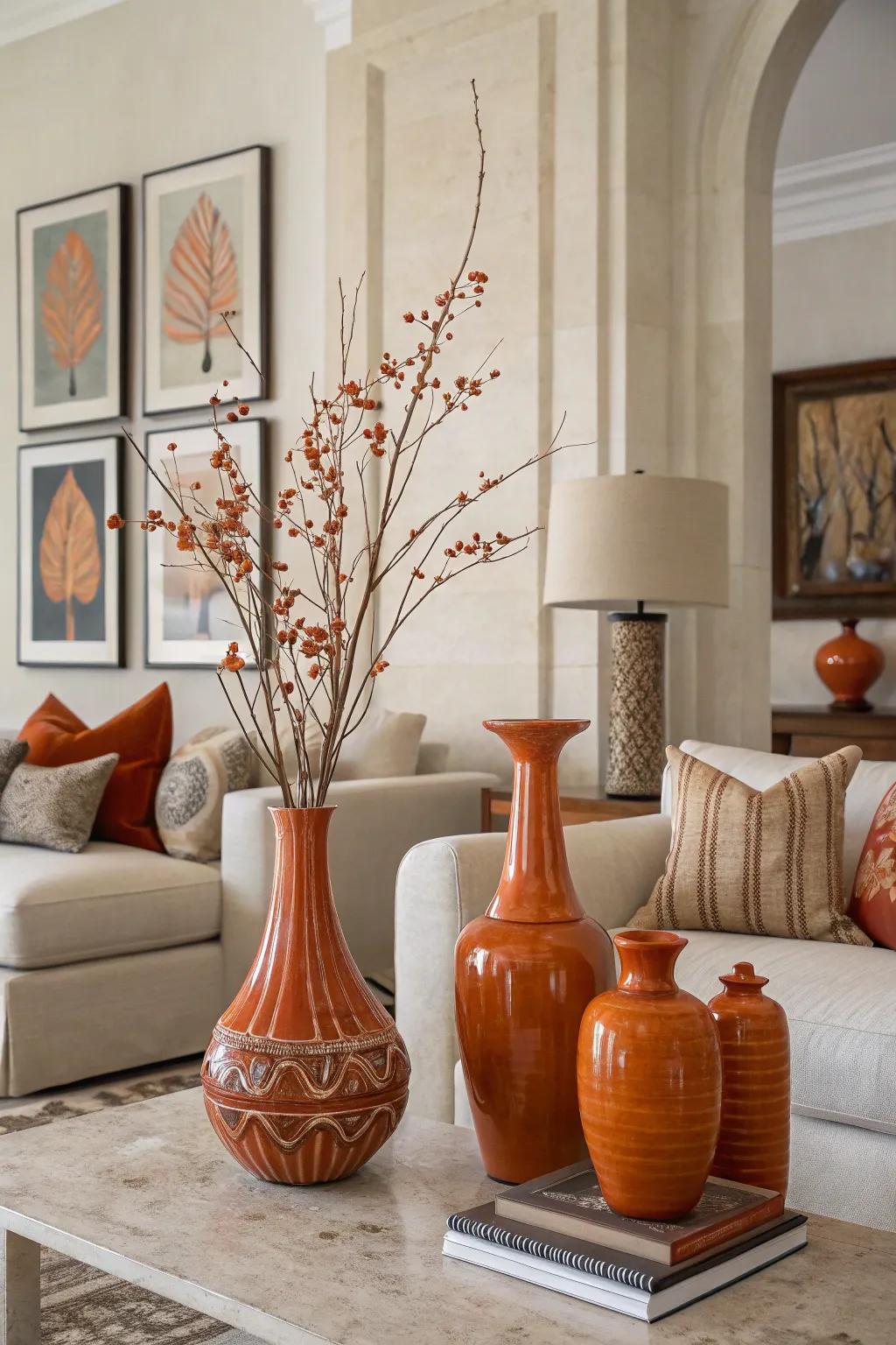A modern living room featuring subtle coral accents such as vases and artworks.