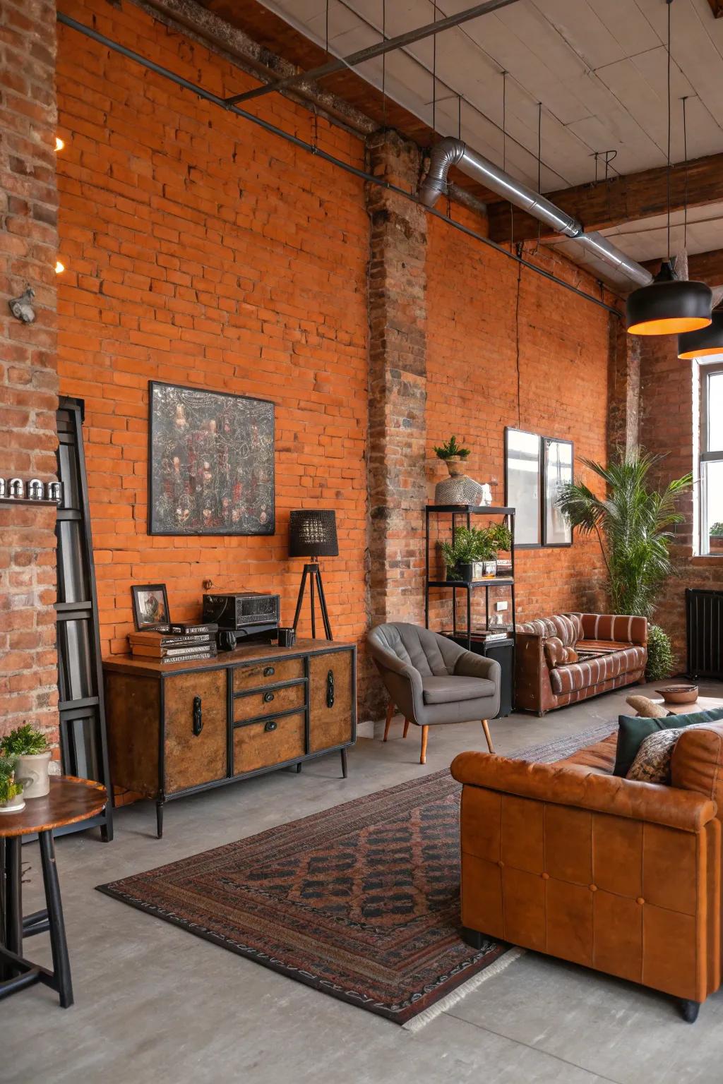 A loft is made even more inviting by the rustic character of a tangerine brick wall.