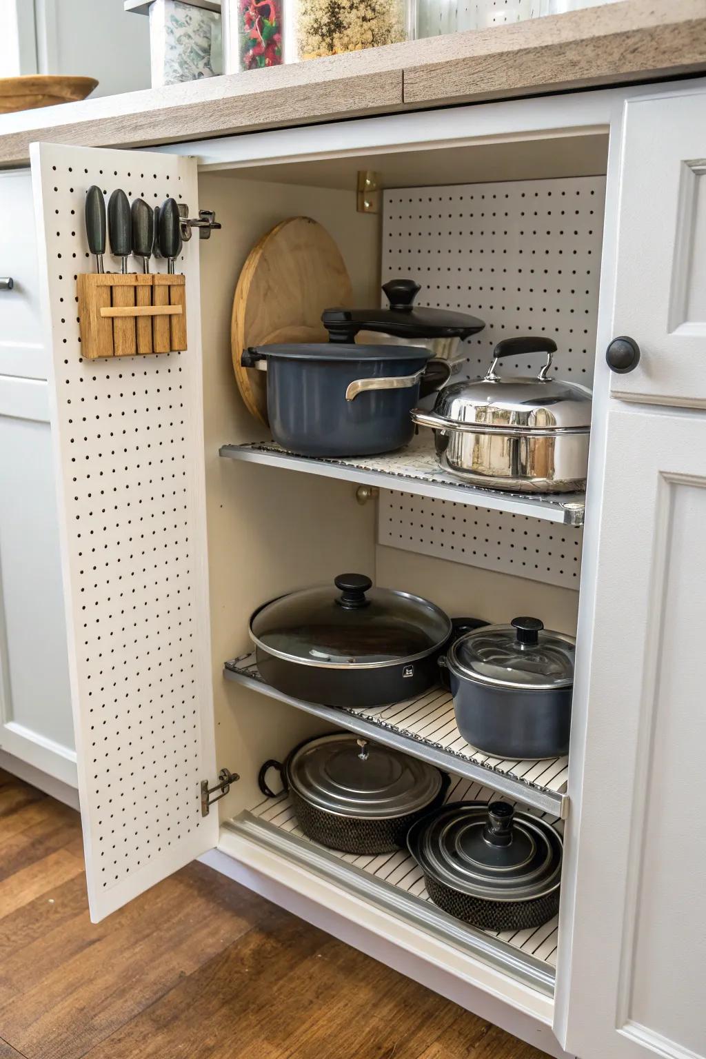A pegboard inside a cabinet tidily arranging pots and lids.