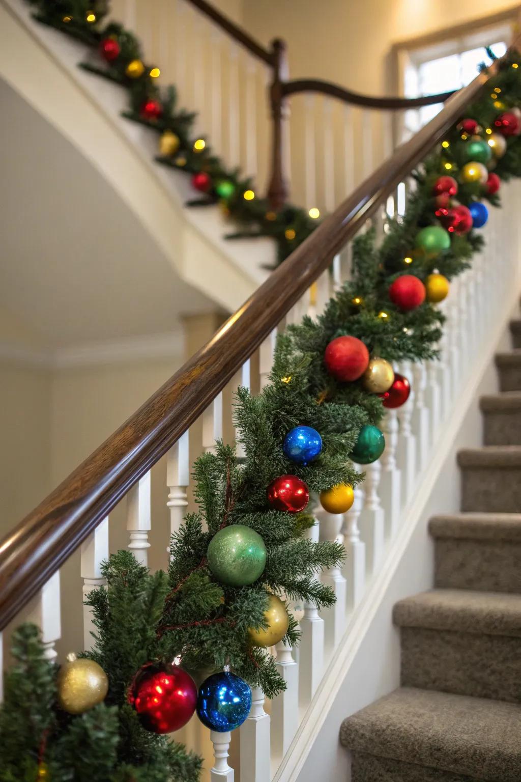 An attention-grabbing bauble wreath enfolding a stairwell banister.