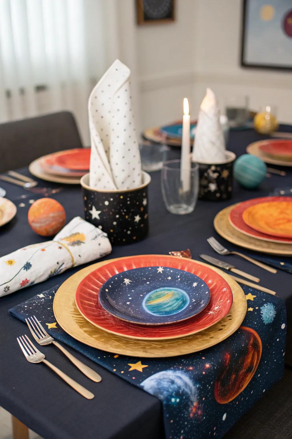 Planetary table settings elevate your dining experience to cosmic levels.