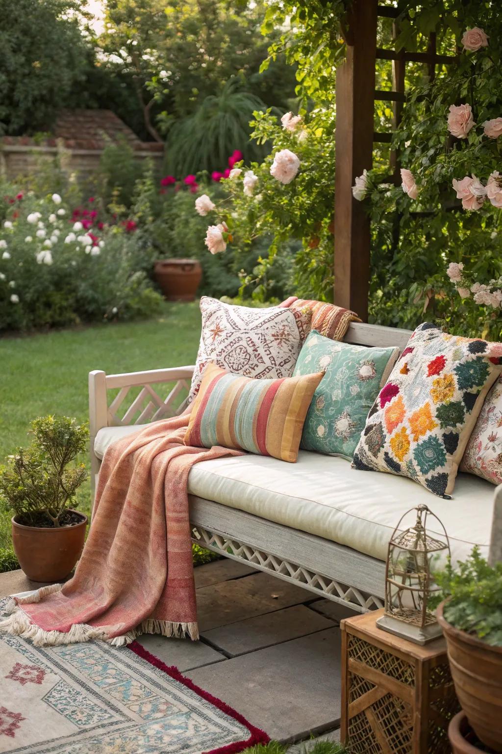 An outdoor bench styled as a welcoming living room spot.