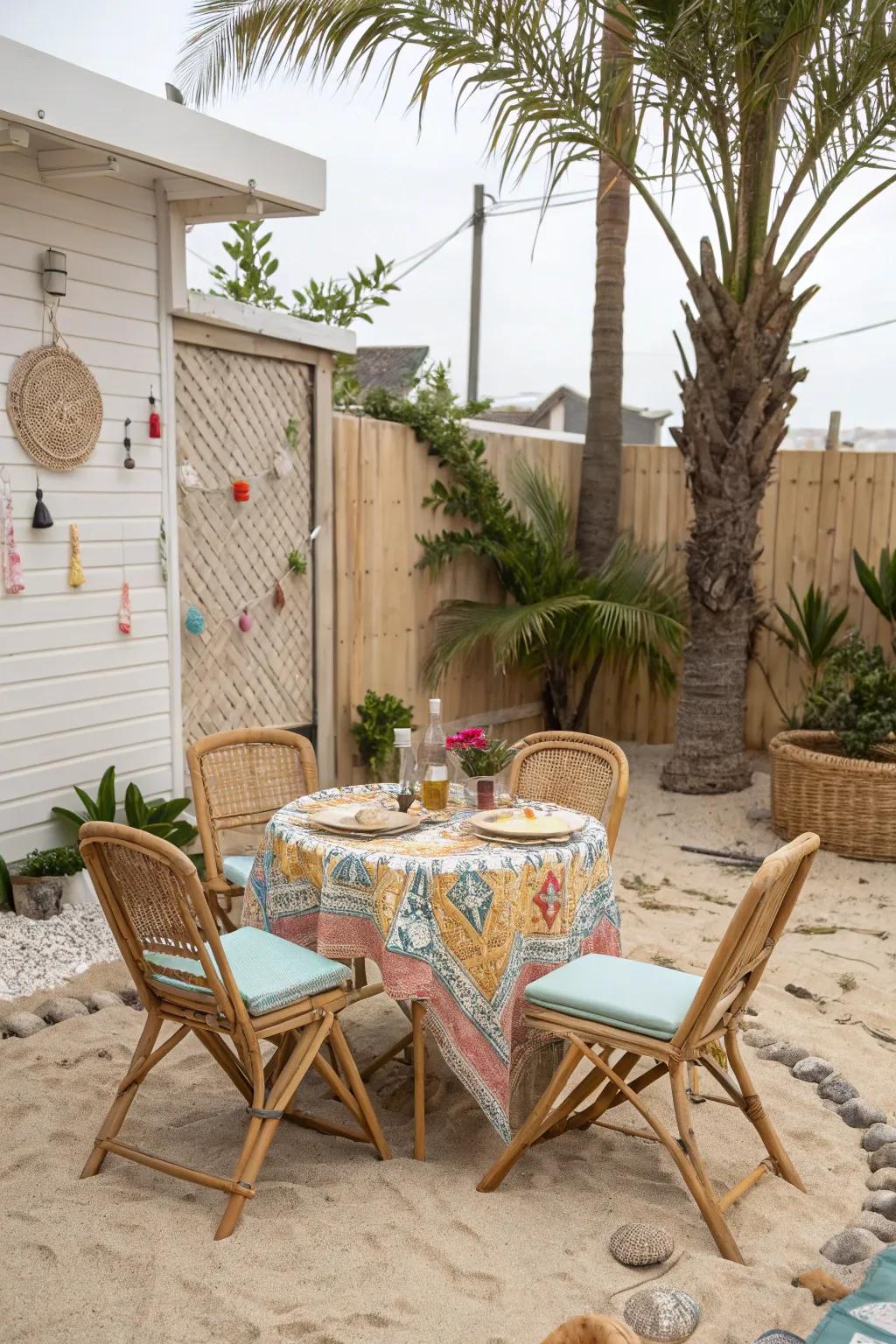 Feel coastal vibes with a rattan dining arrangement.