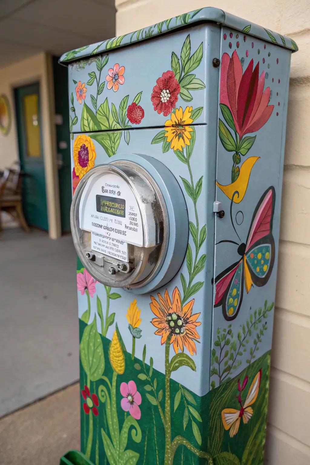 A painted meter transfigures into a piece of garden artistry.