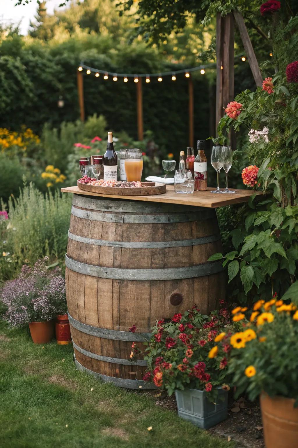 A wine barrel bar serves as a countryside centerpiece.