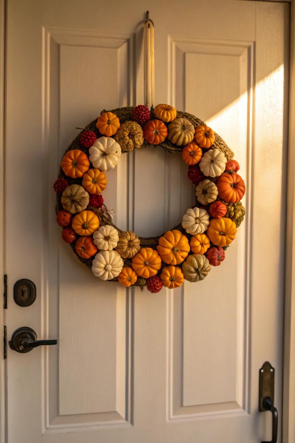 A gourd garland introduces an exclusive and playful accent to the entrance.