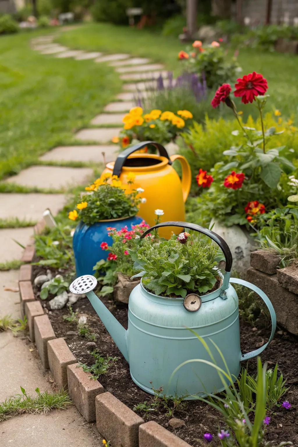 Delightful flower arrangements in repurposed metal pots.