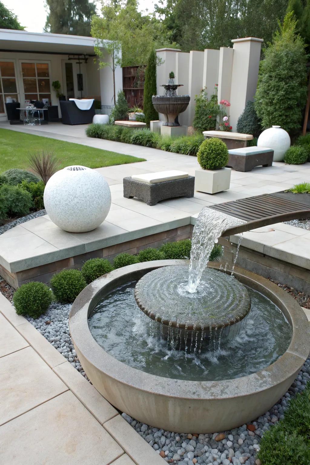 A creative fountain displaying artistic water movement.