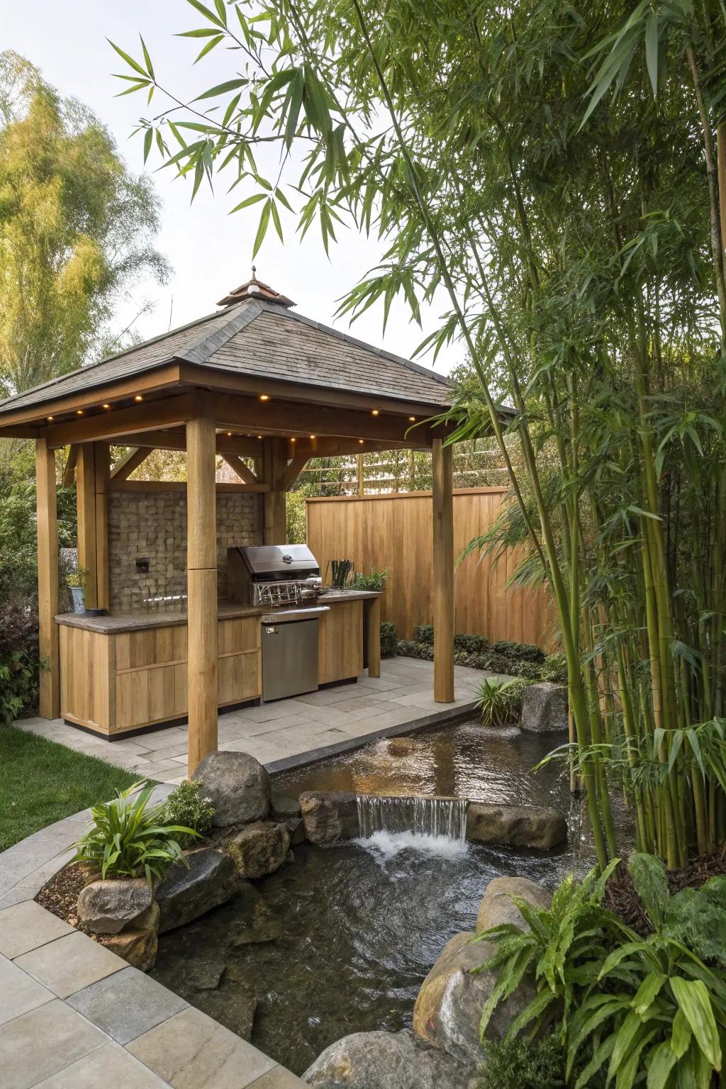 Find tranquility in a Zen-inspired outdoor kitchen gazebo.