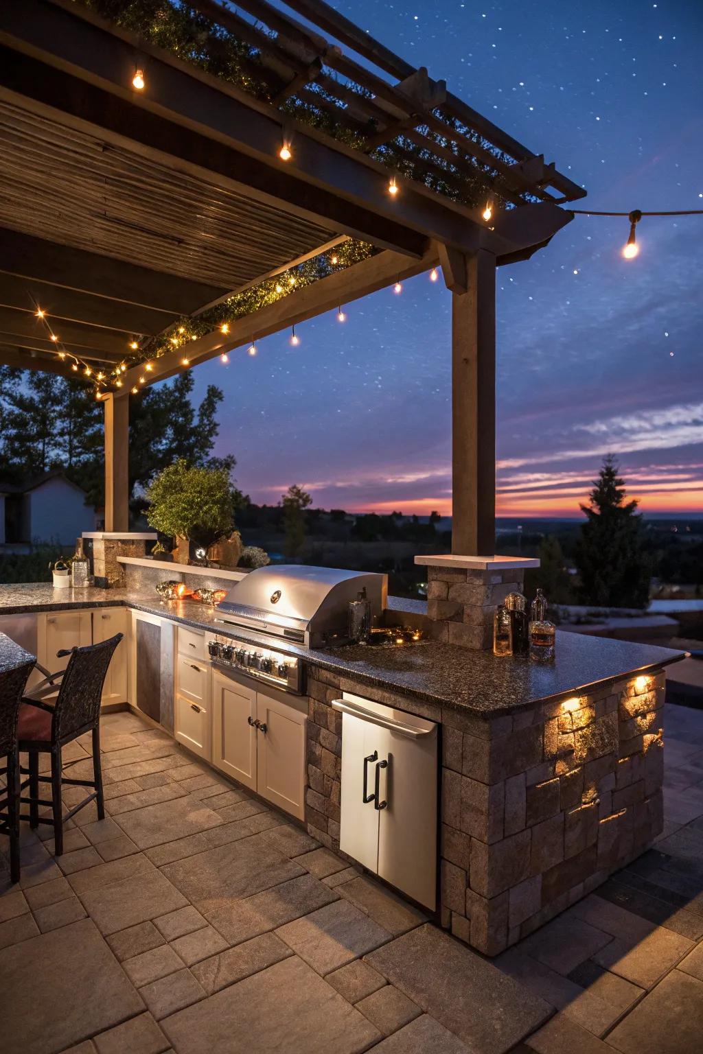 A beautifully lit outdoor kitchen island that shines with ambient lighting at dusk.