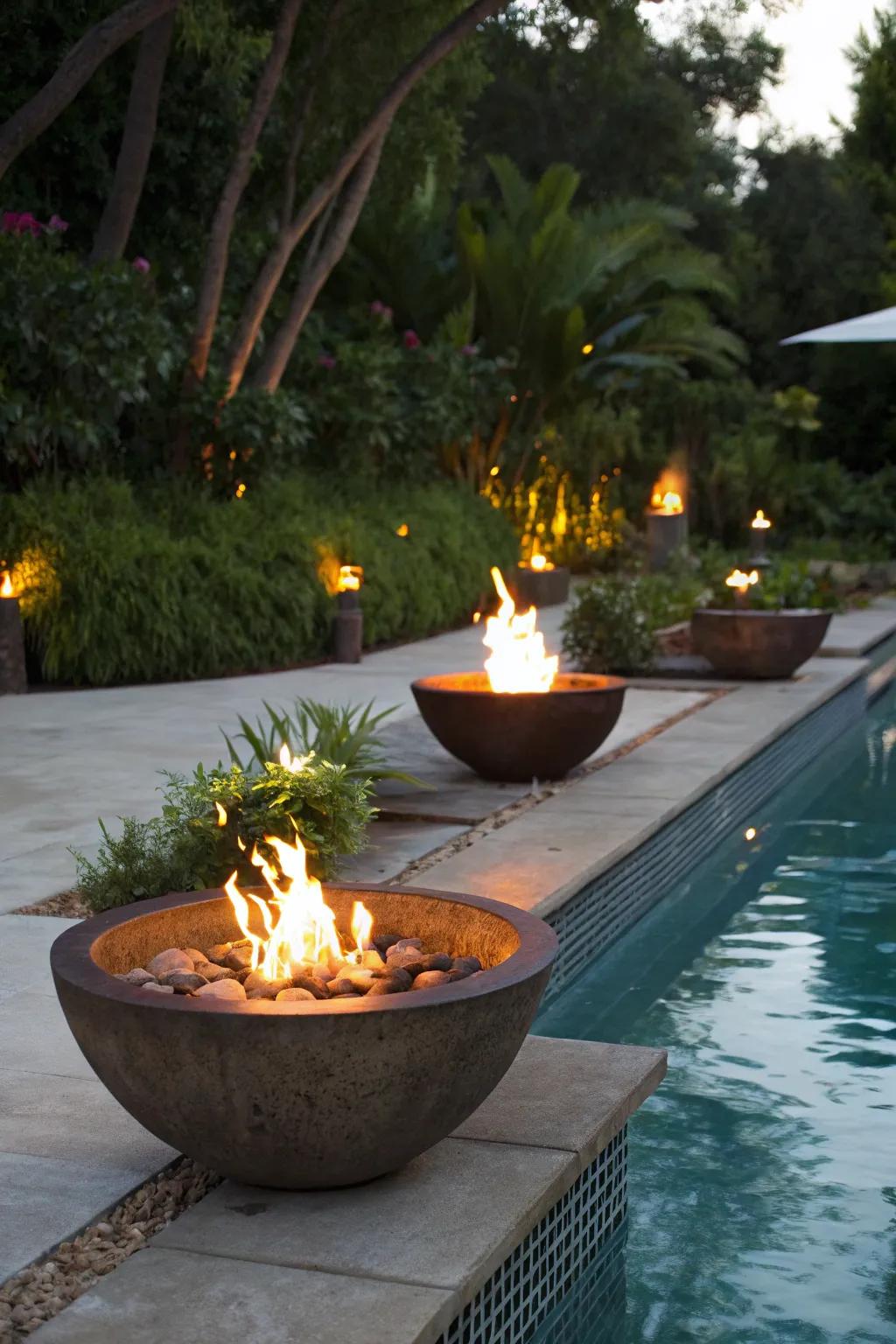 Fire bowls deliver warmth and an eye-catching visual near the pool.