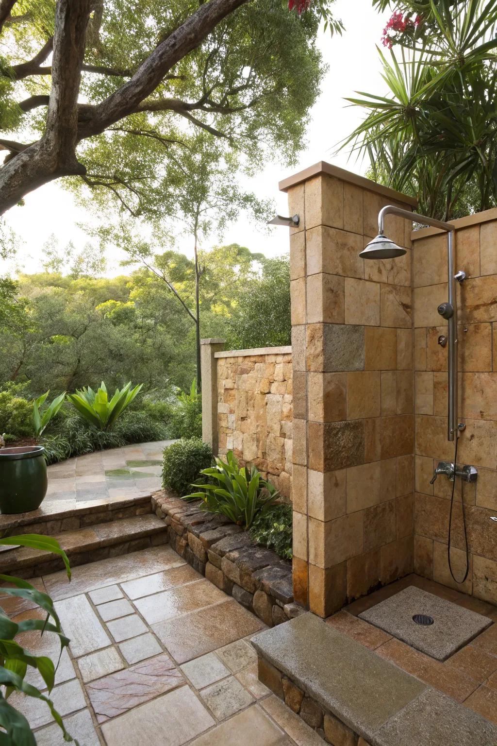 An outdoor shower featuring warm, coast-inspired grits stone tiles.