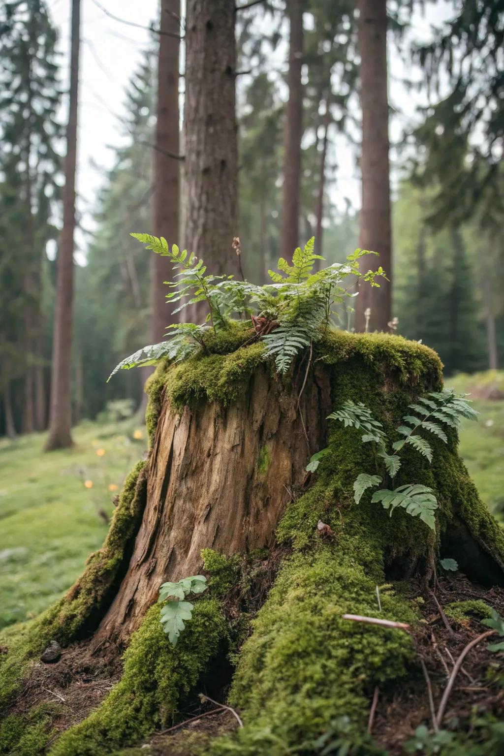 Greenery and blooms transform a stump into a woodland dream.