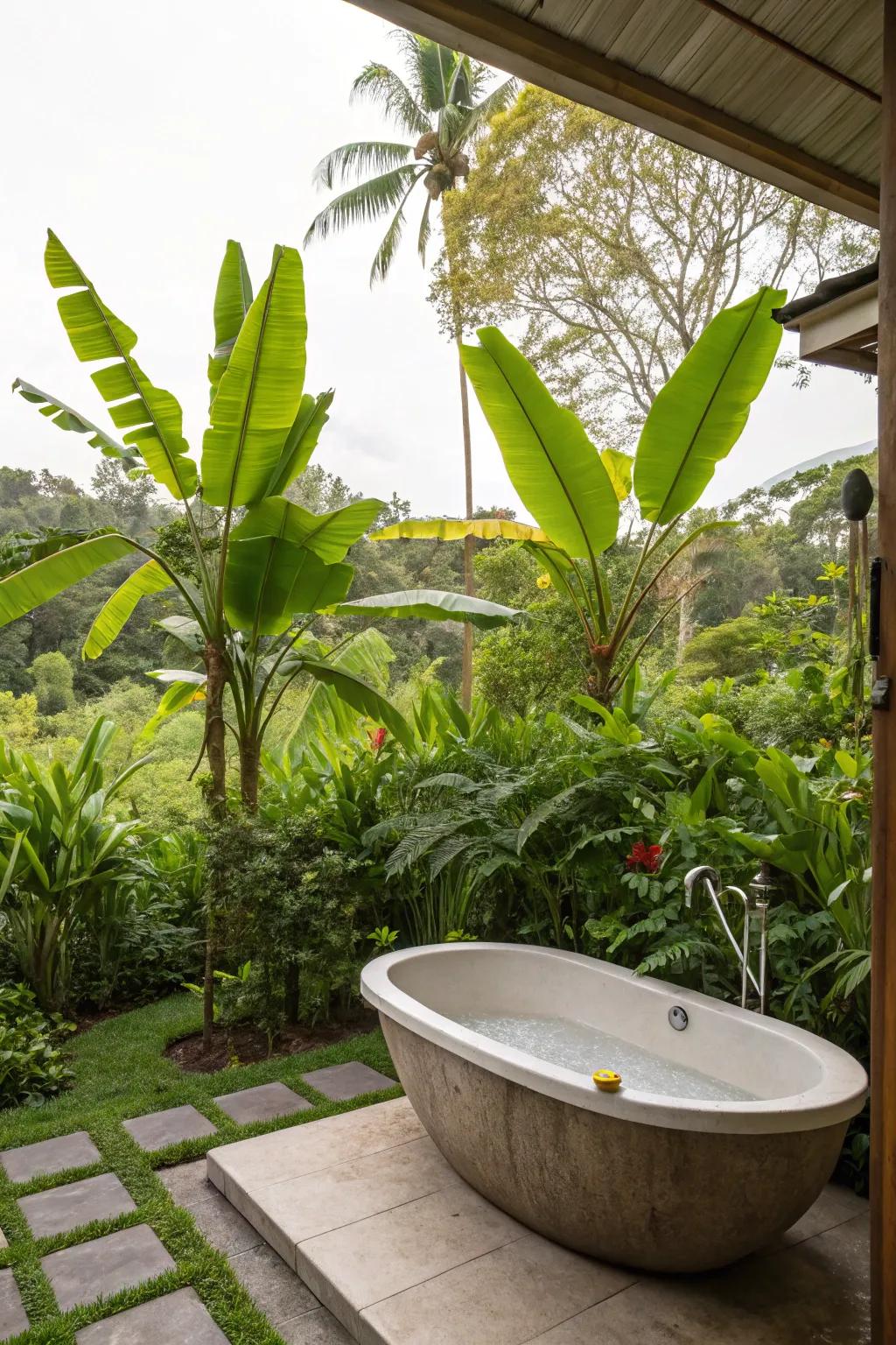 Transport yourself to a tropical paradise using vibrant greenery all around your tub.