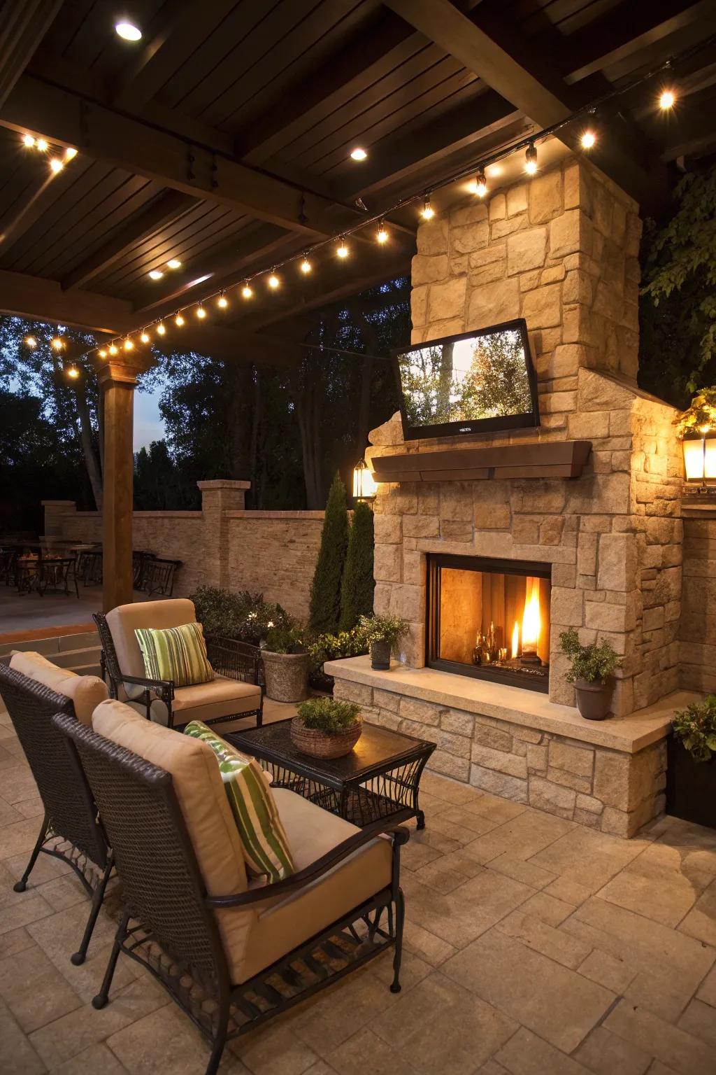 A TV above a fireplace creates warmth and comfort in outdoor settings.
