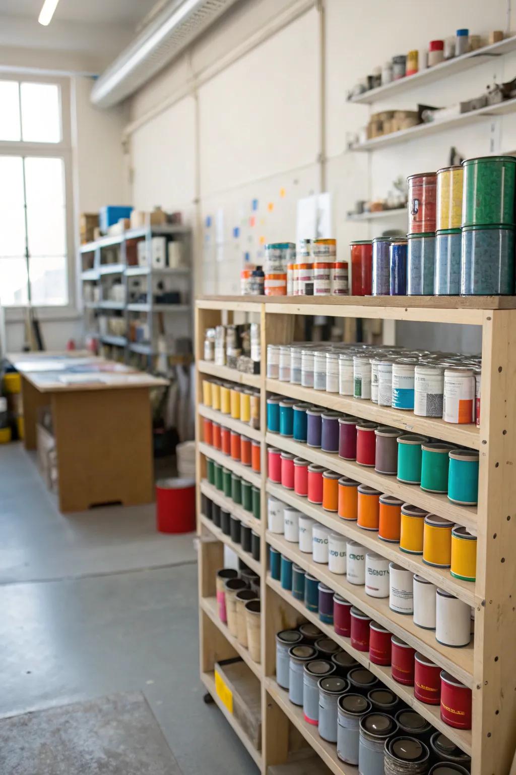 Multi-level shelf system filled with various sizes of paint cans.
