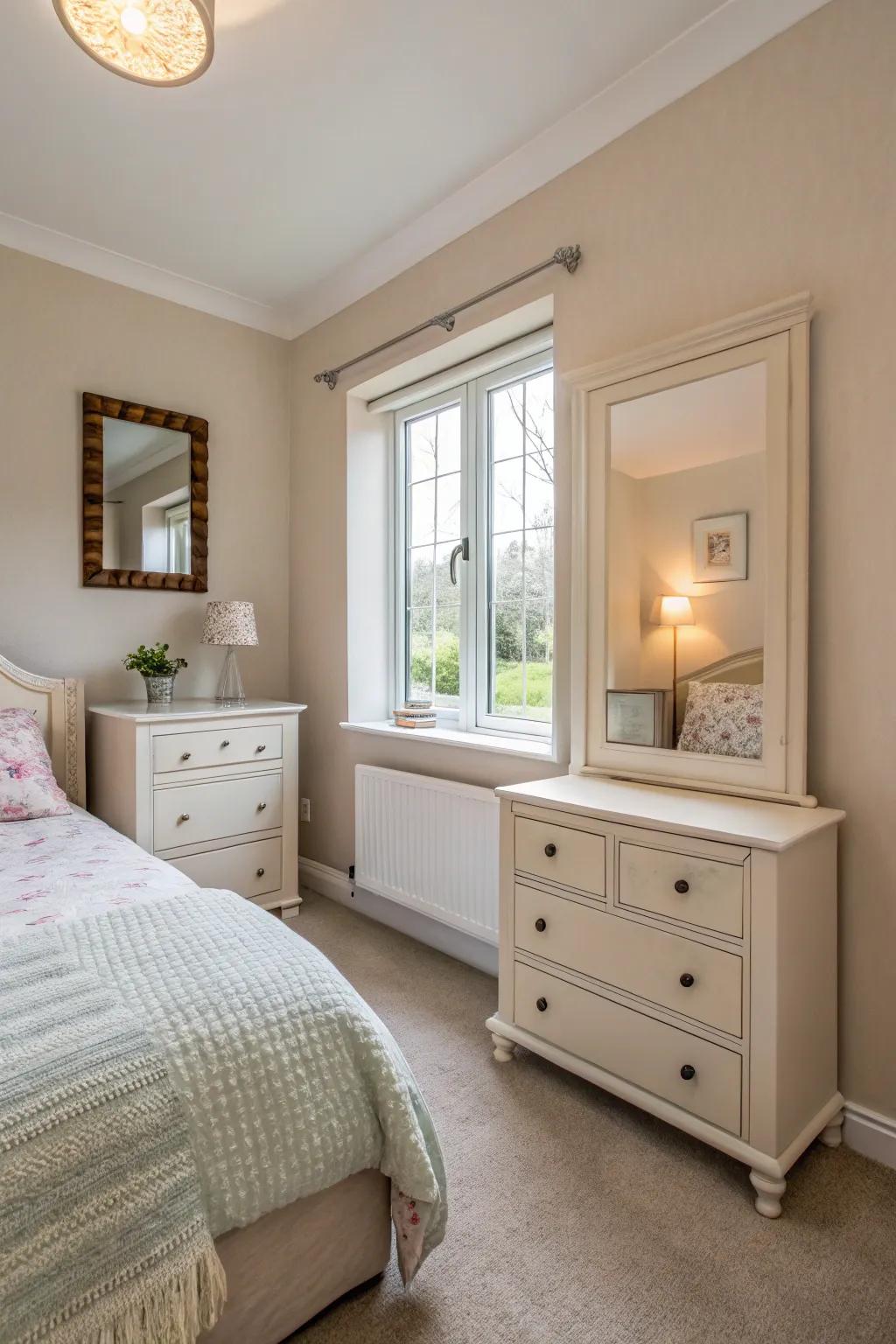 Muted neutrals have the ability to amplify light and set up a breezy feel within a compact space.