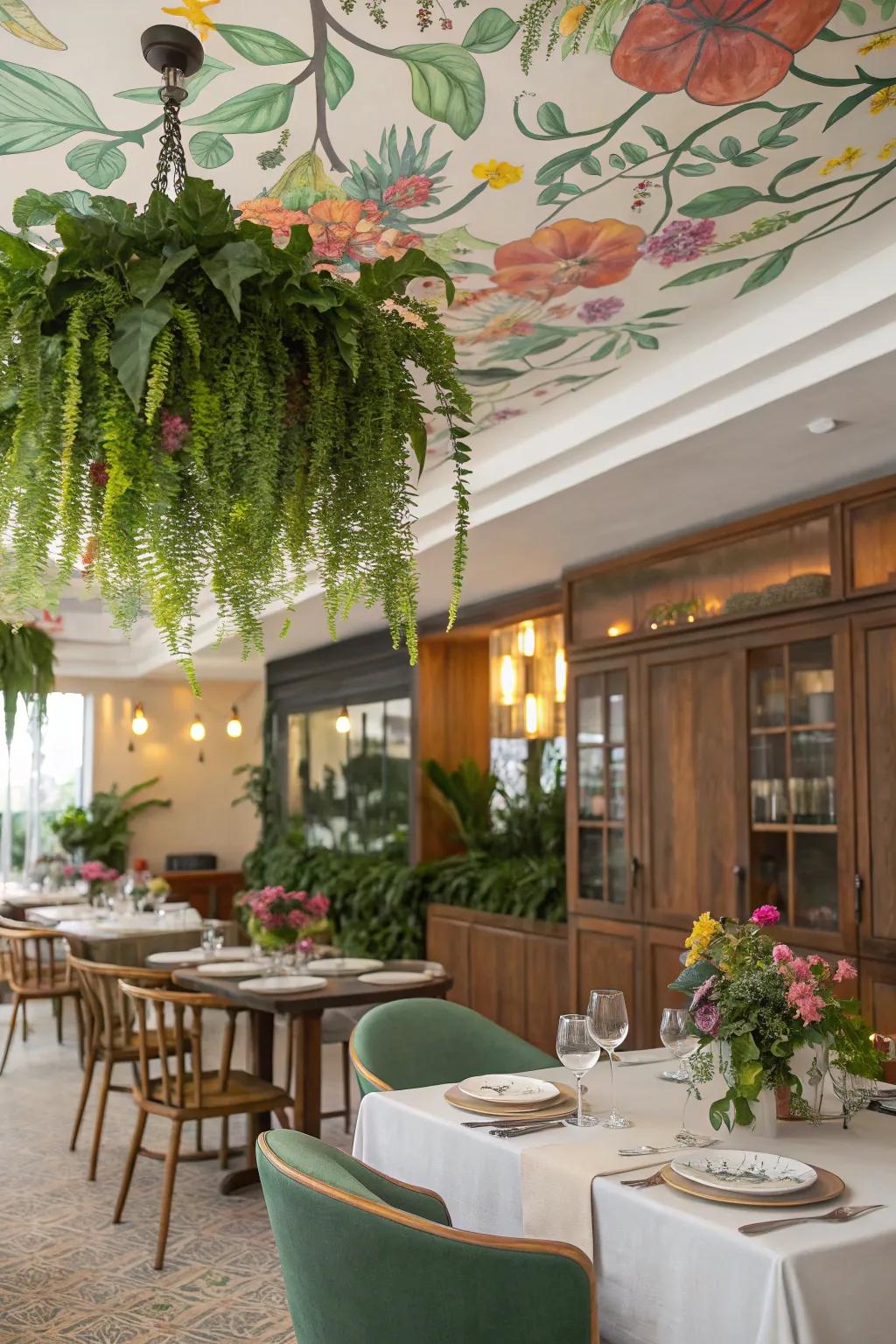 Foliage contributes an organic vibe to your overhead design.