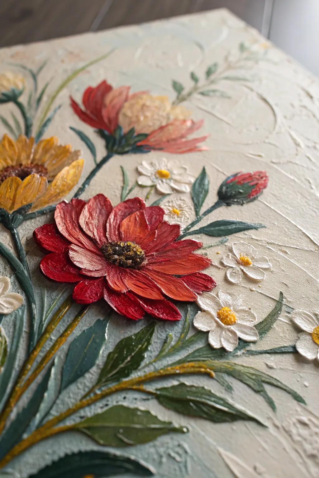 Textured layers give floral art a sense of depth.