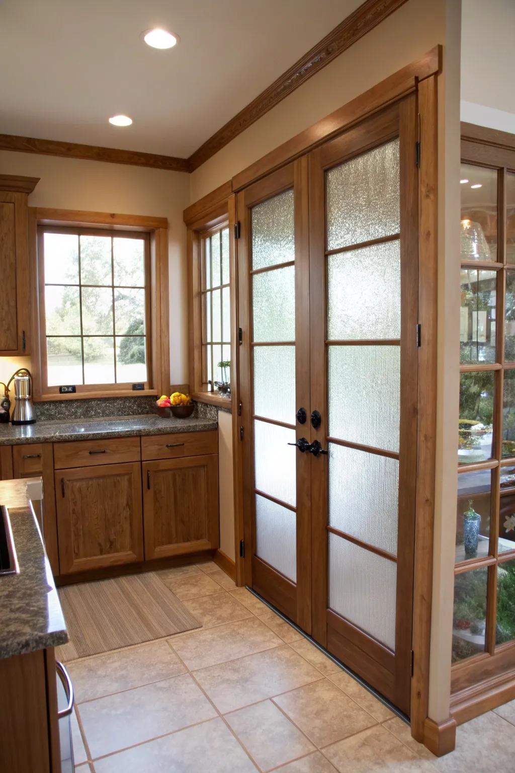 Frosted glass doors offer personal privacy with a modern-day edge.
