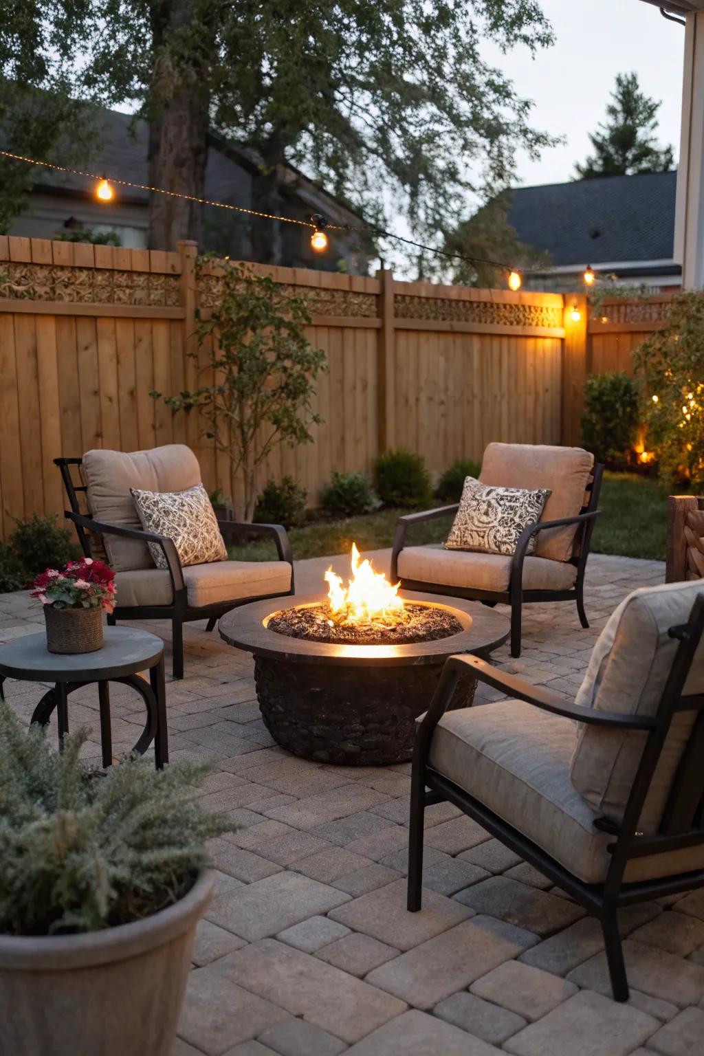 A fire pit transforms a patio into a cozy gathering spot.