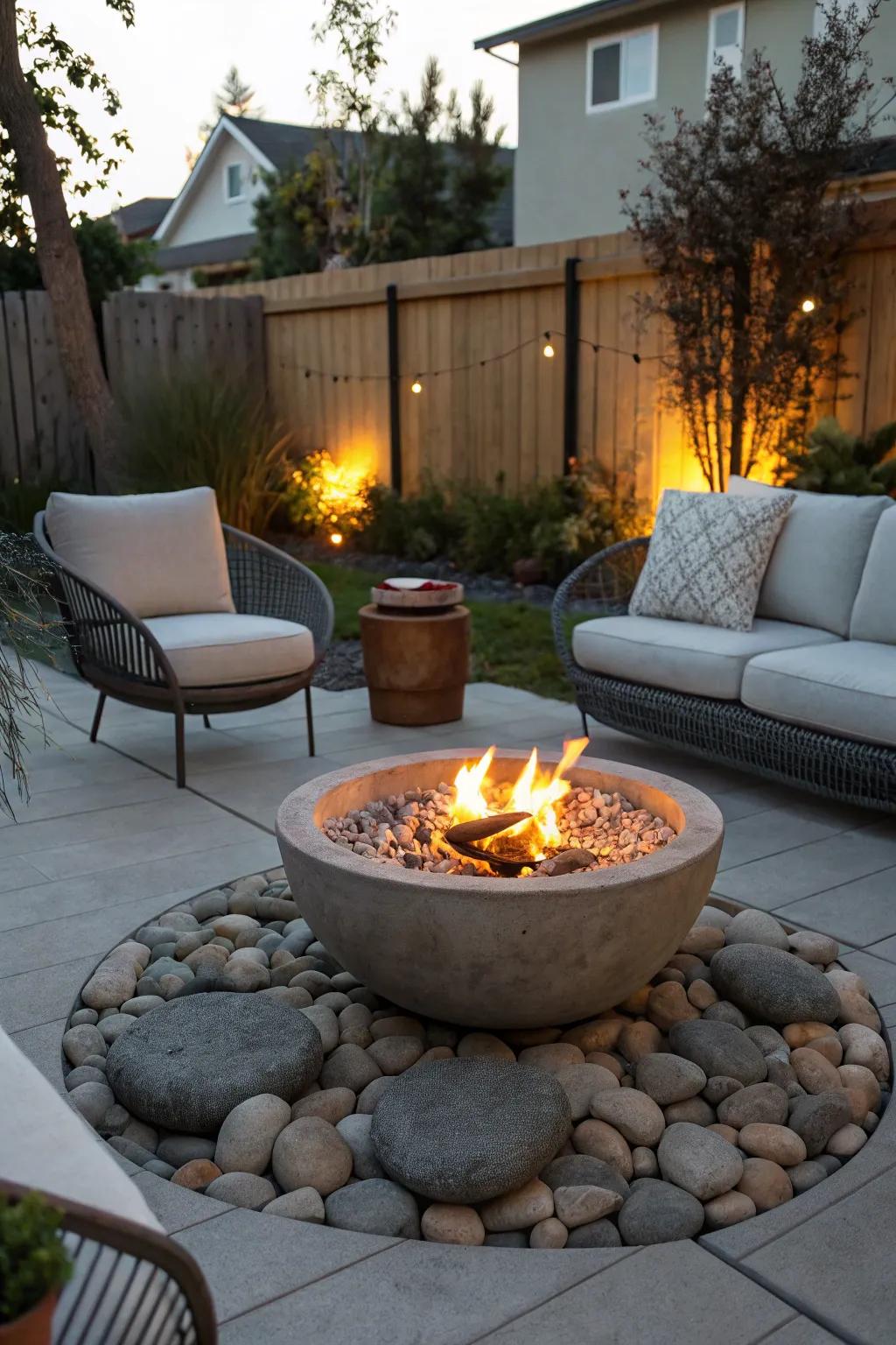 A fire bowl adding warmth and charm to a patio setting.