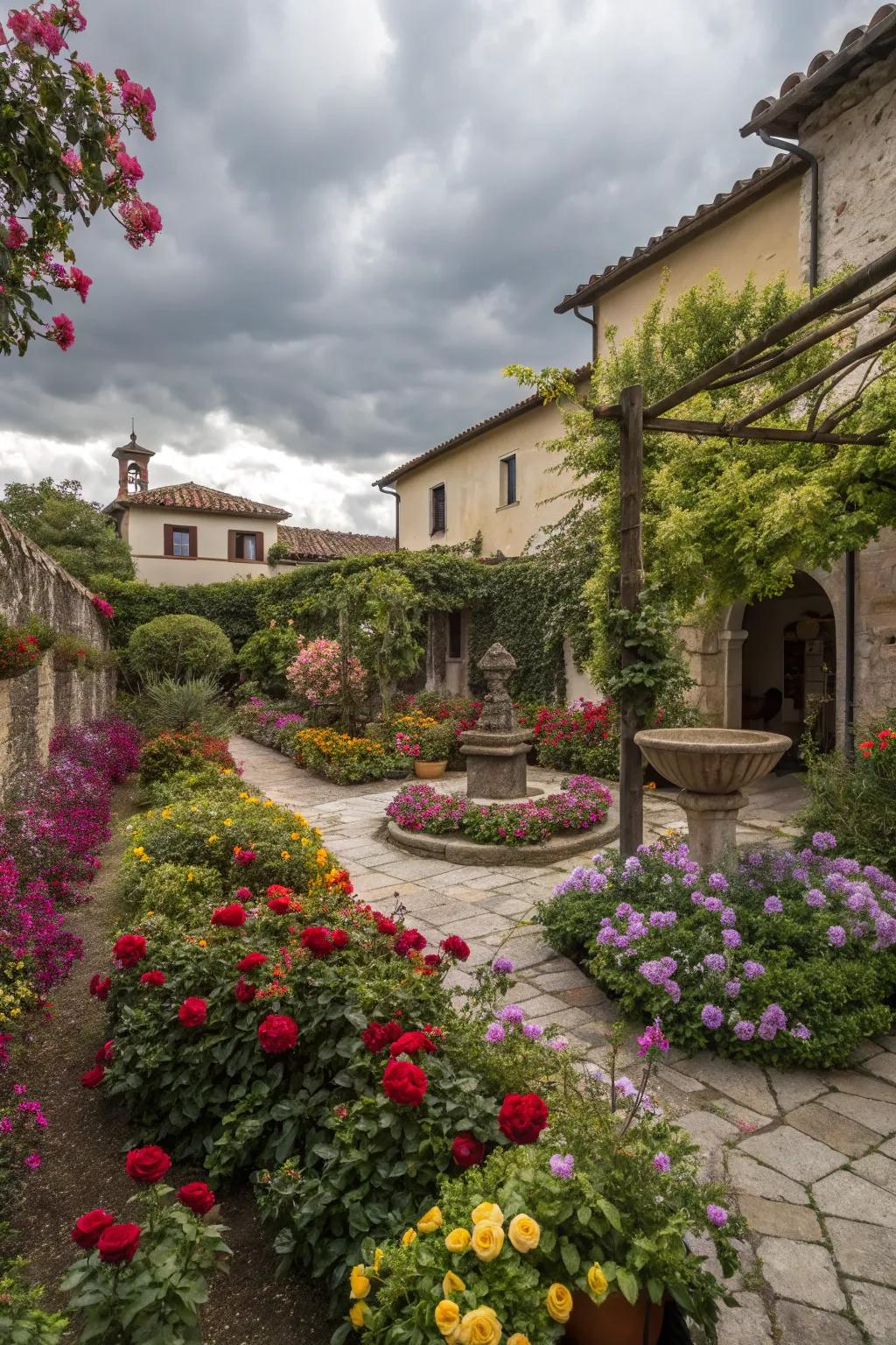 Brilliant flowers brighten up this charming Italian garden.