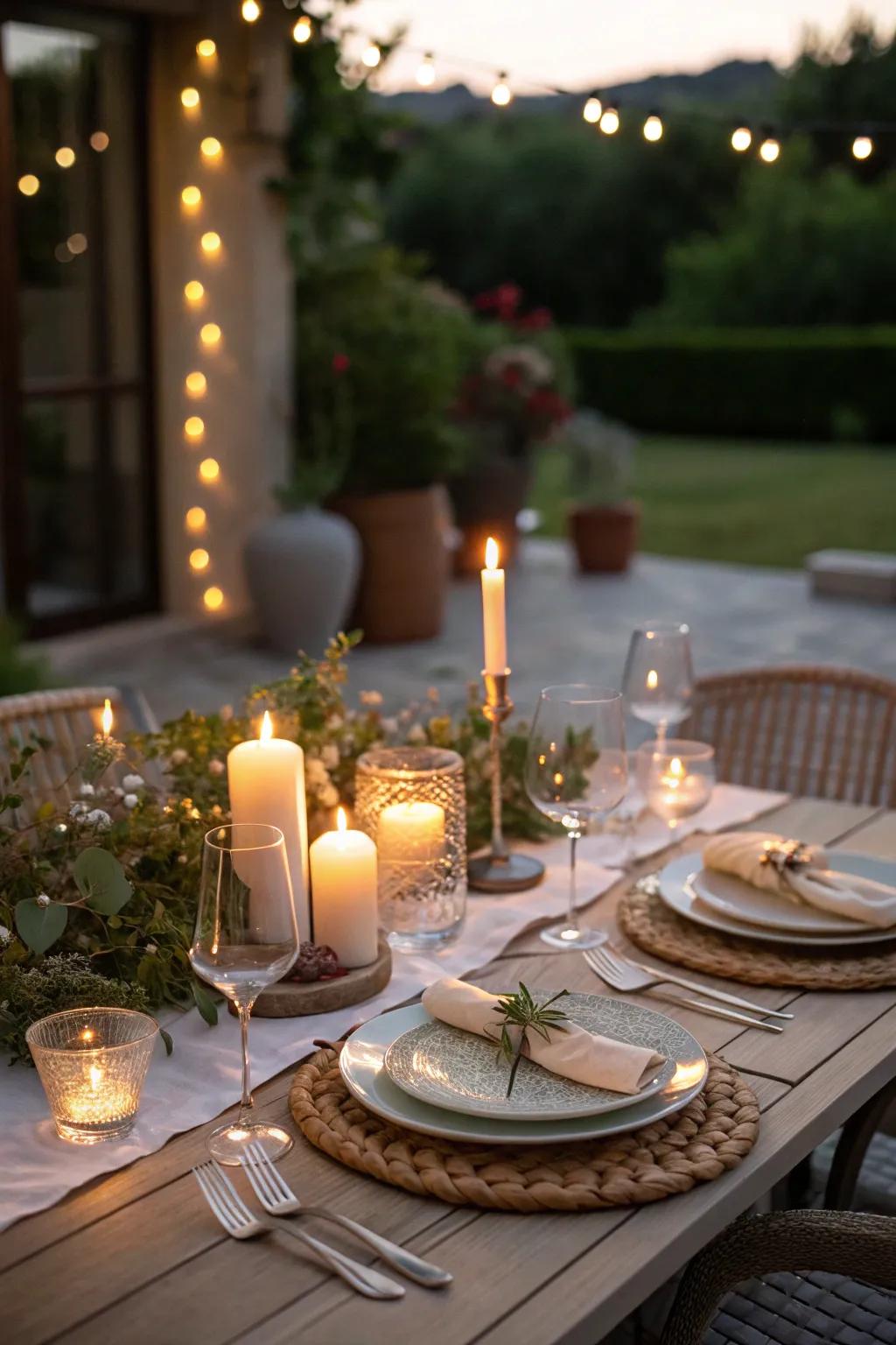 Wax lights contribute a romantic and peaceful shimmer to intimate patio gatherings.