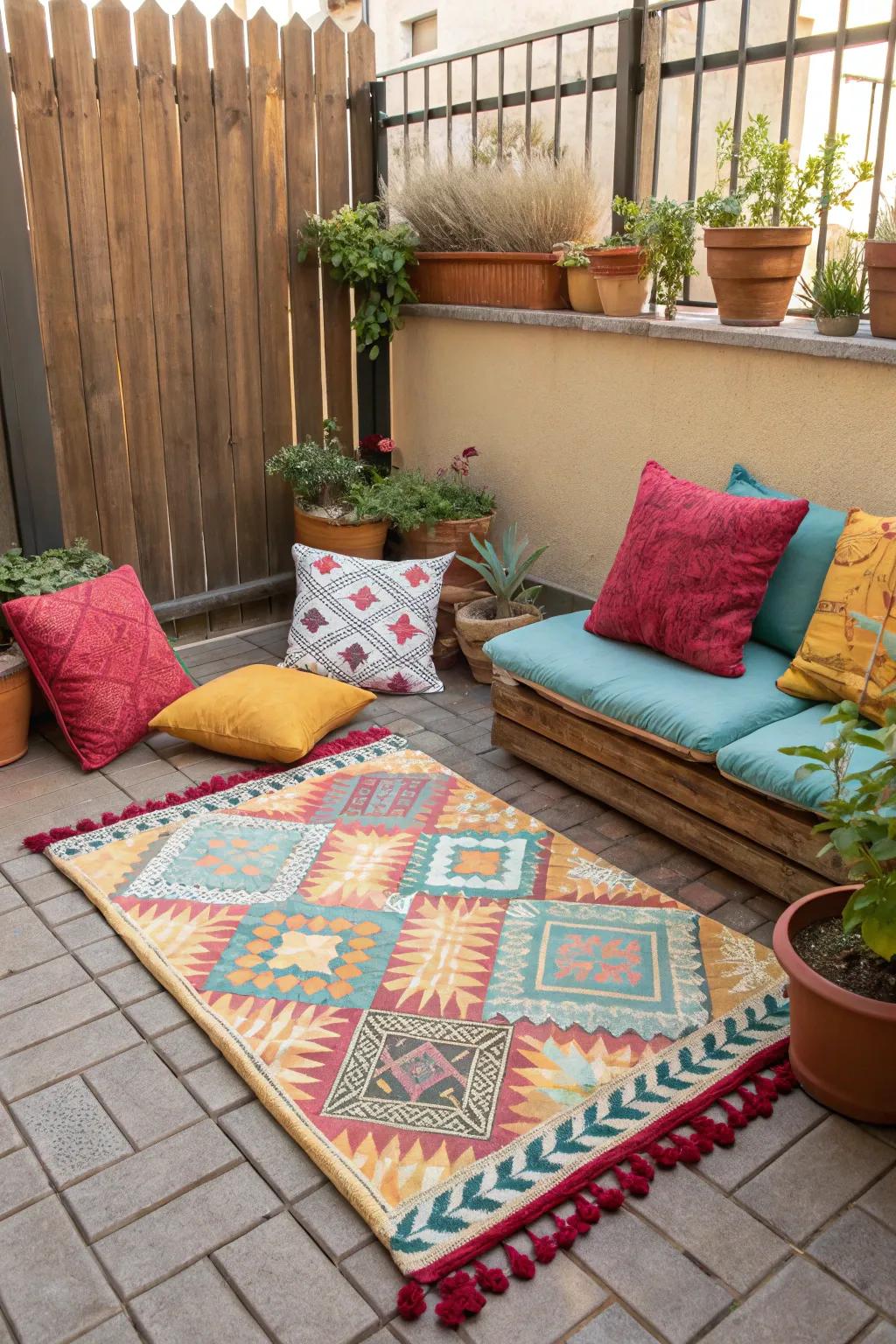Decorative accents bring color and comfort to a patio setup.