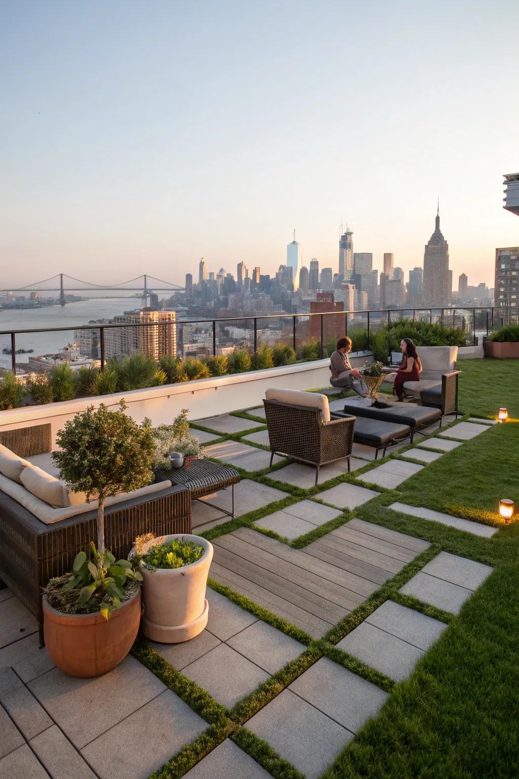 Rooftop greenery offers an urban escape.