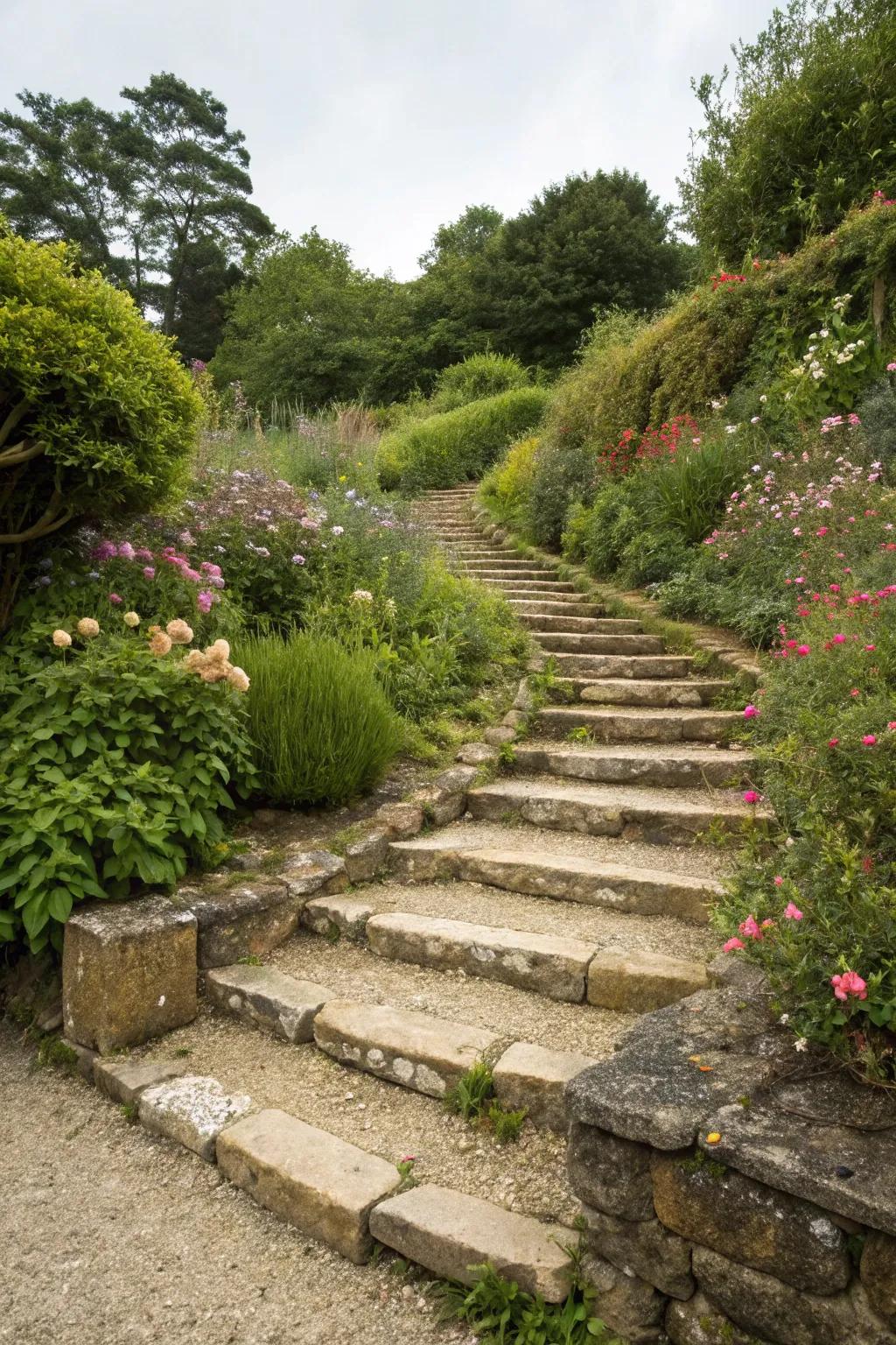 A homey stairway that blends smoothly with its setting.