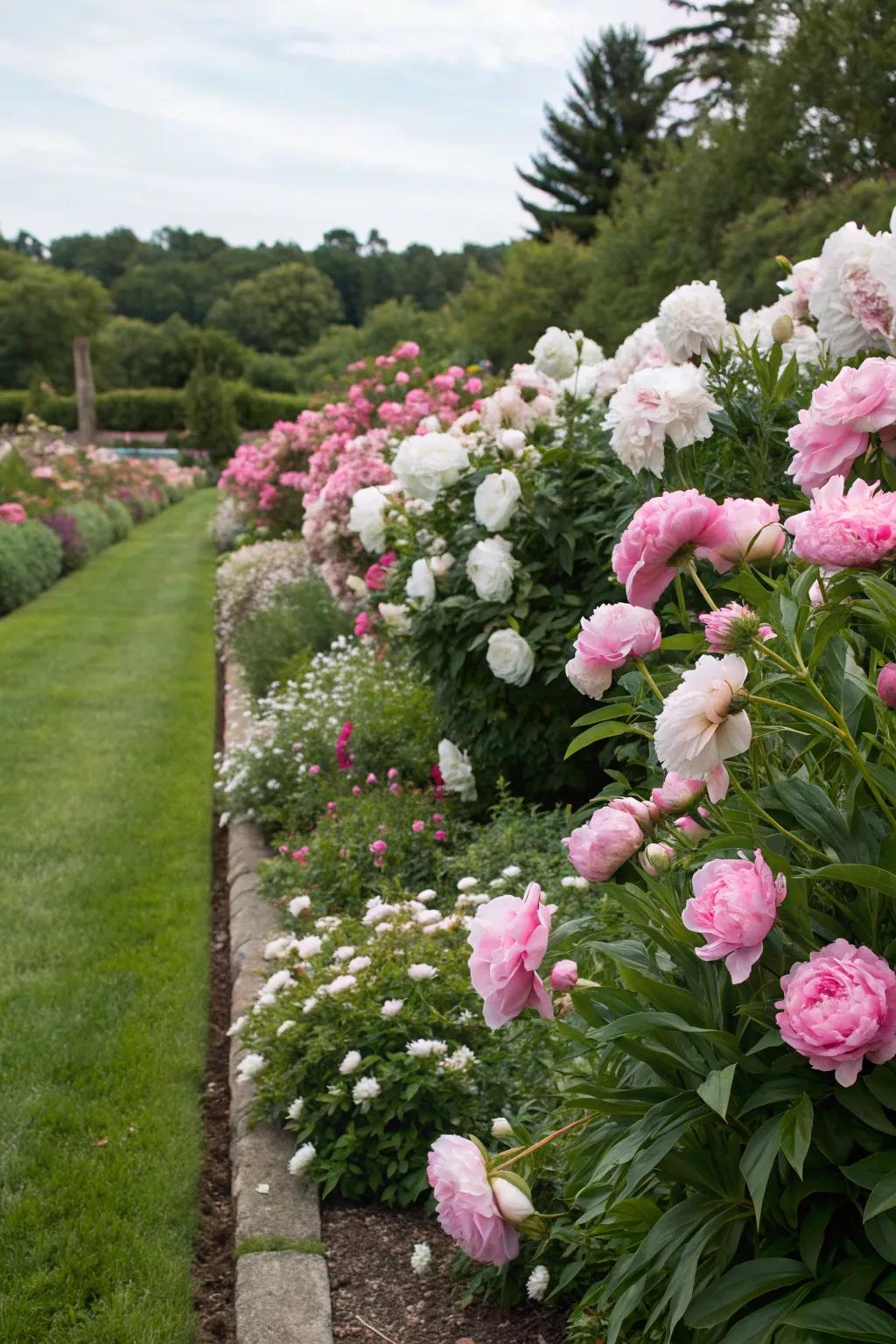 Peonies utilized in borders to elegantly frame the garden.
