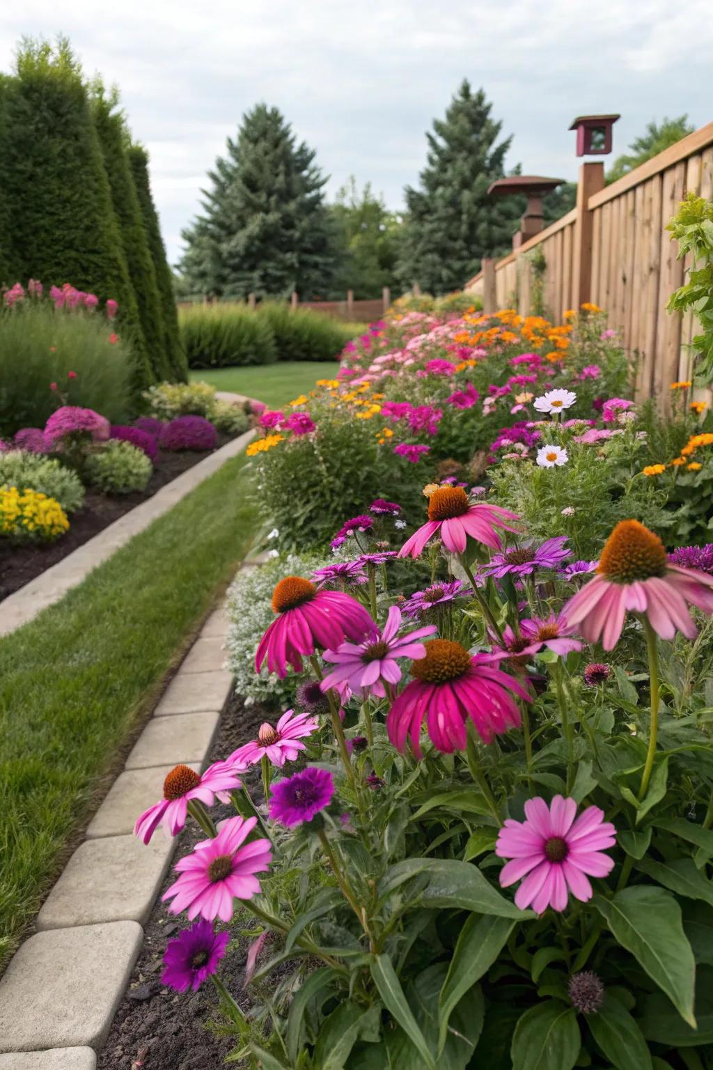 Coneflowers and petunias introduce the charm and color of wildflowers to any garden setting.