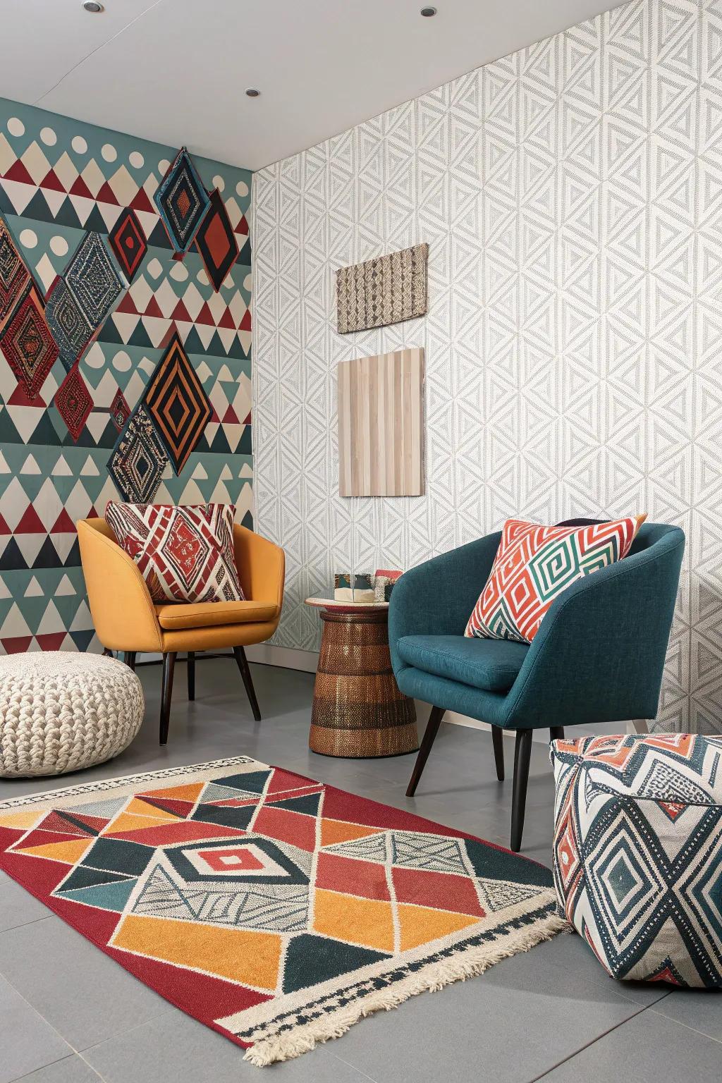 A modern interior showcasing geometric patterns in decor.