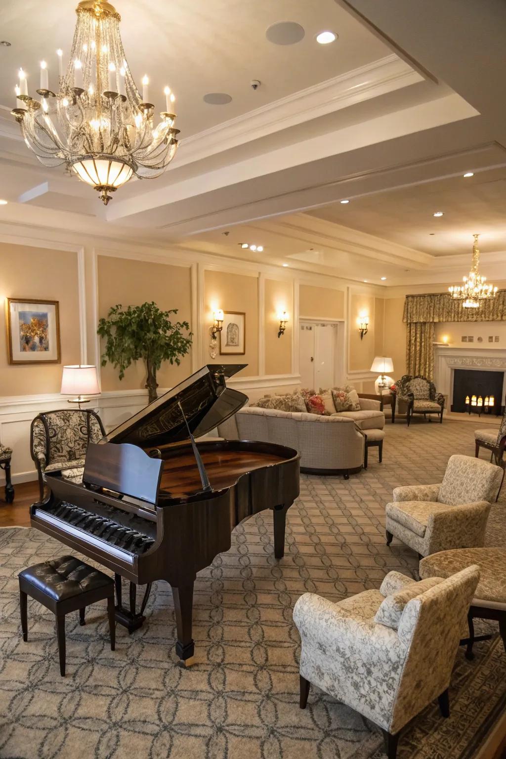 A flexible piano space that accommodates music and social interactions.