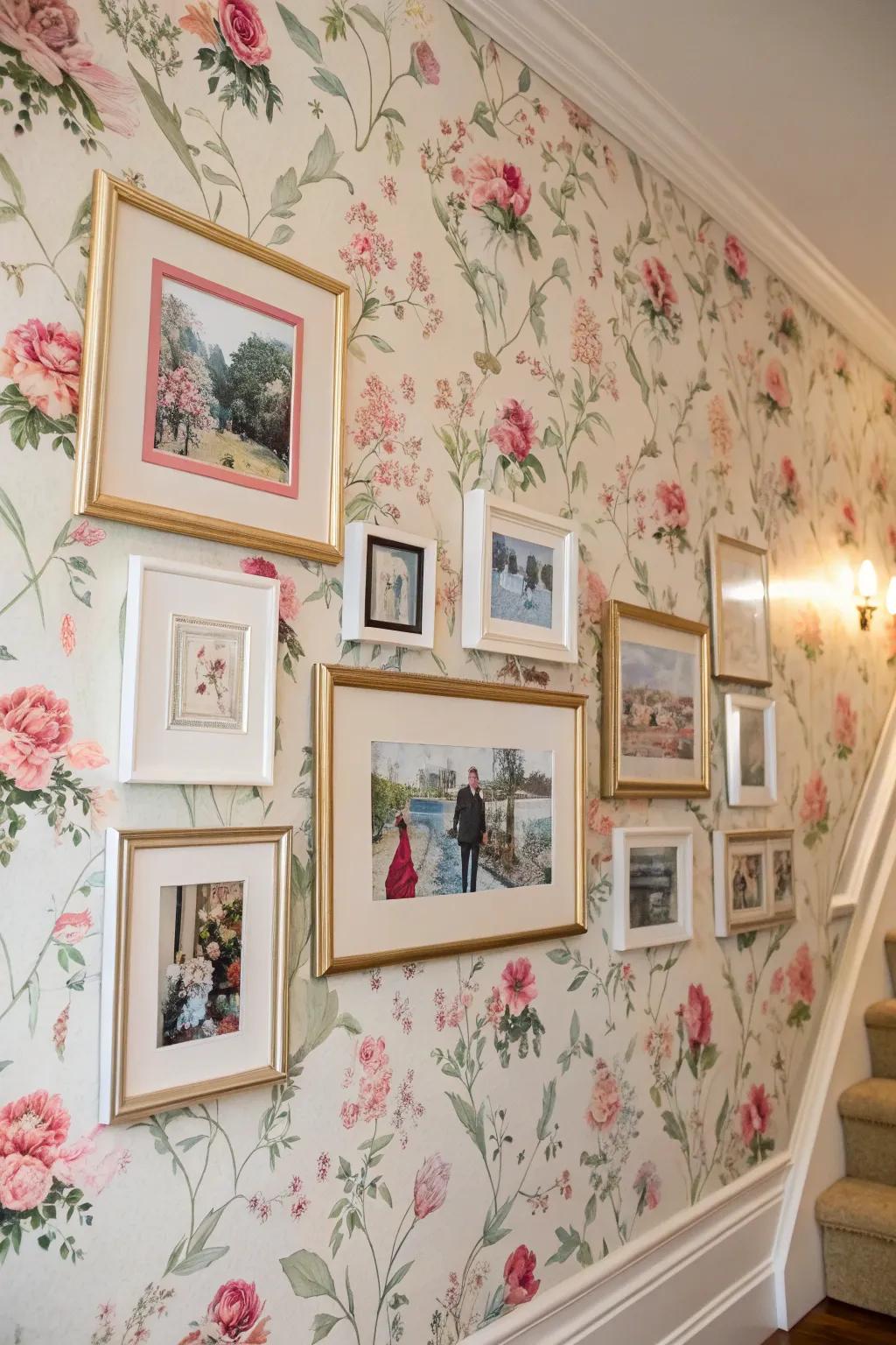 Patterned wallpaper adding a surprising backdrop to frames.
