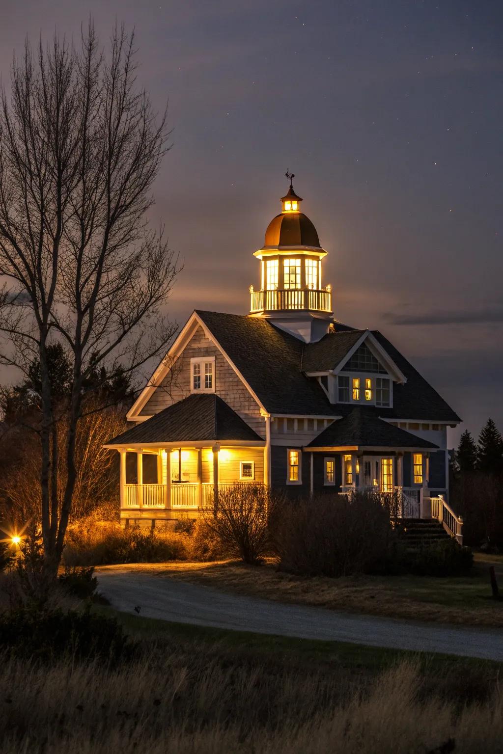 A house with an illuminated cupola, establishing a spectacular nighttime mood.