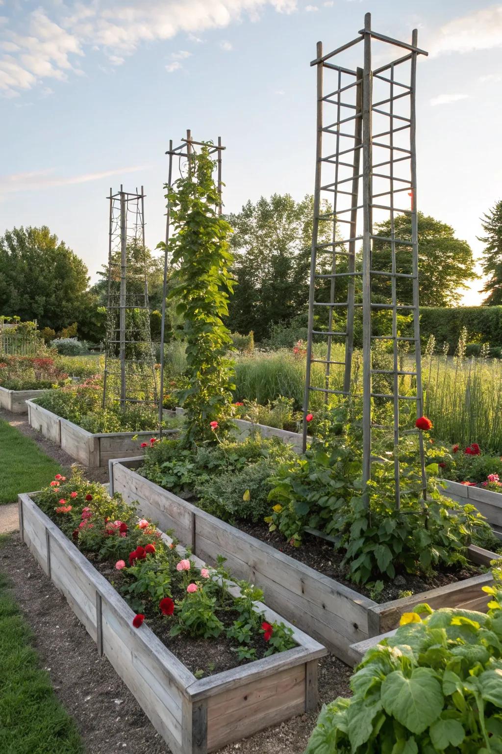 Maximize space with vertical elements in your raised flower beds.