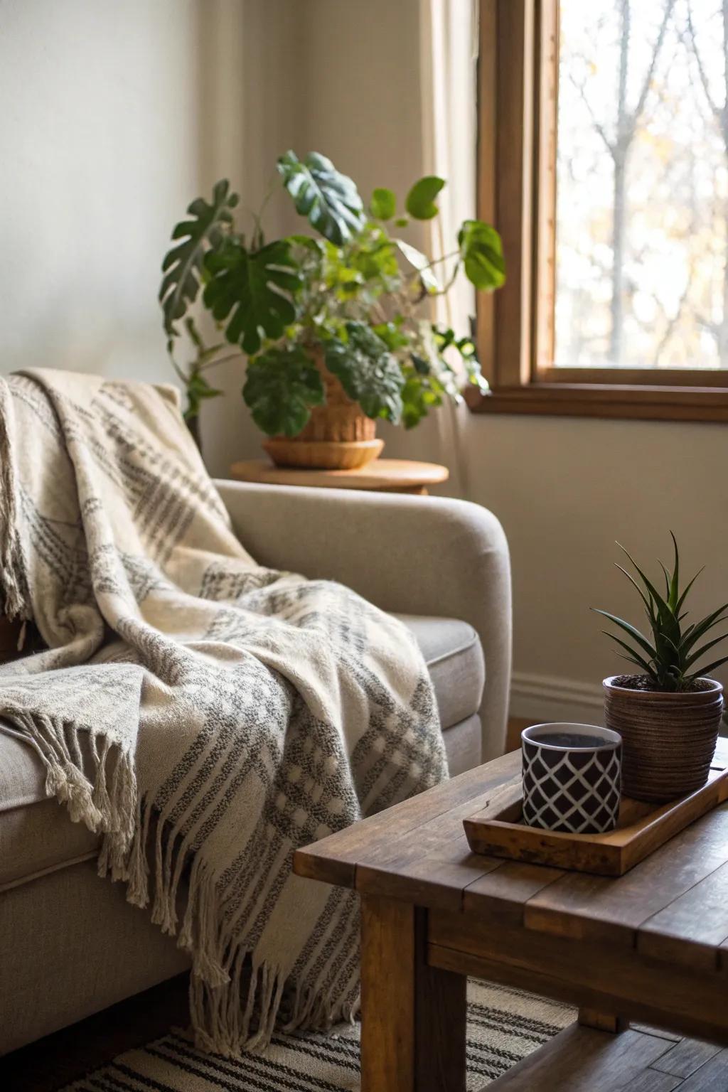 A wrap accented with natural additions like a potted plant and wood decor.
