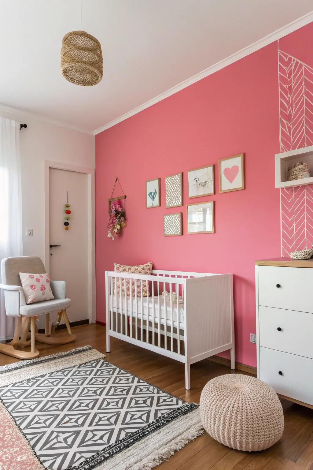 A simple nursery where a striking rose wall makes a statement.