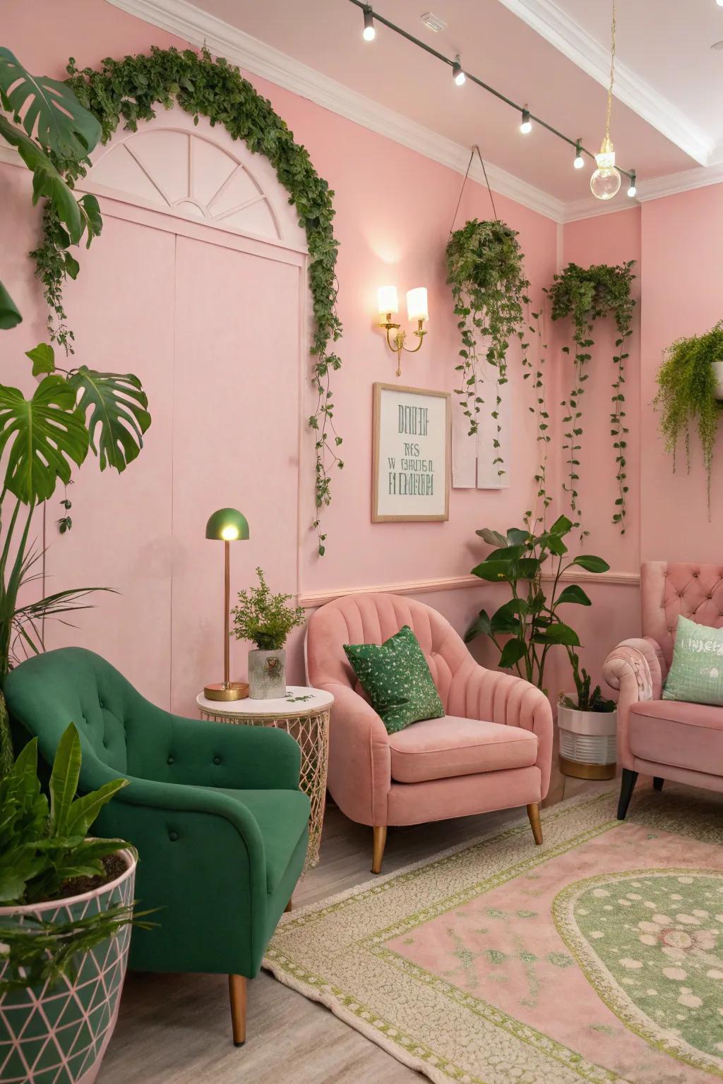 Soft pink walls with green decor elements create a whimsical retreat.