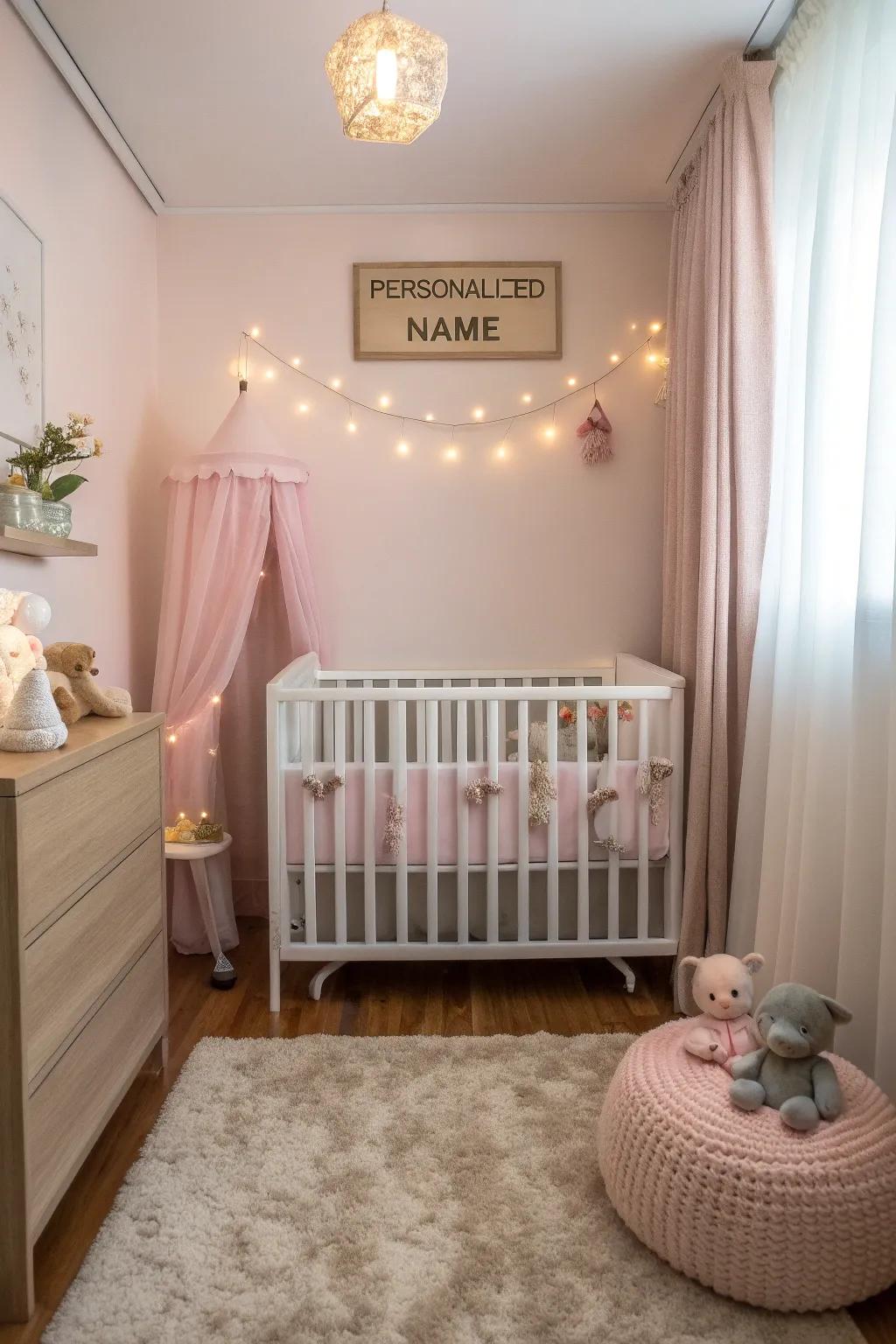 A personalized name sign adds a unique touch to the nursery.