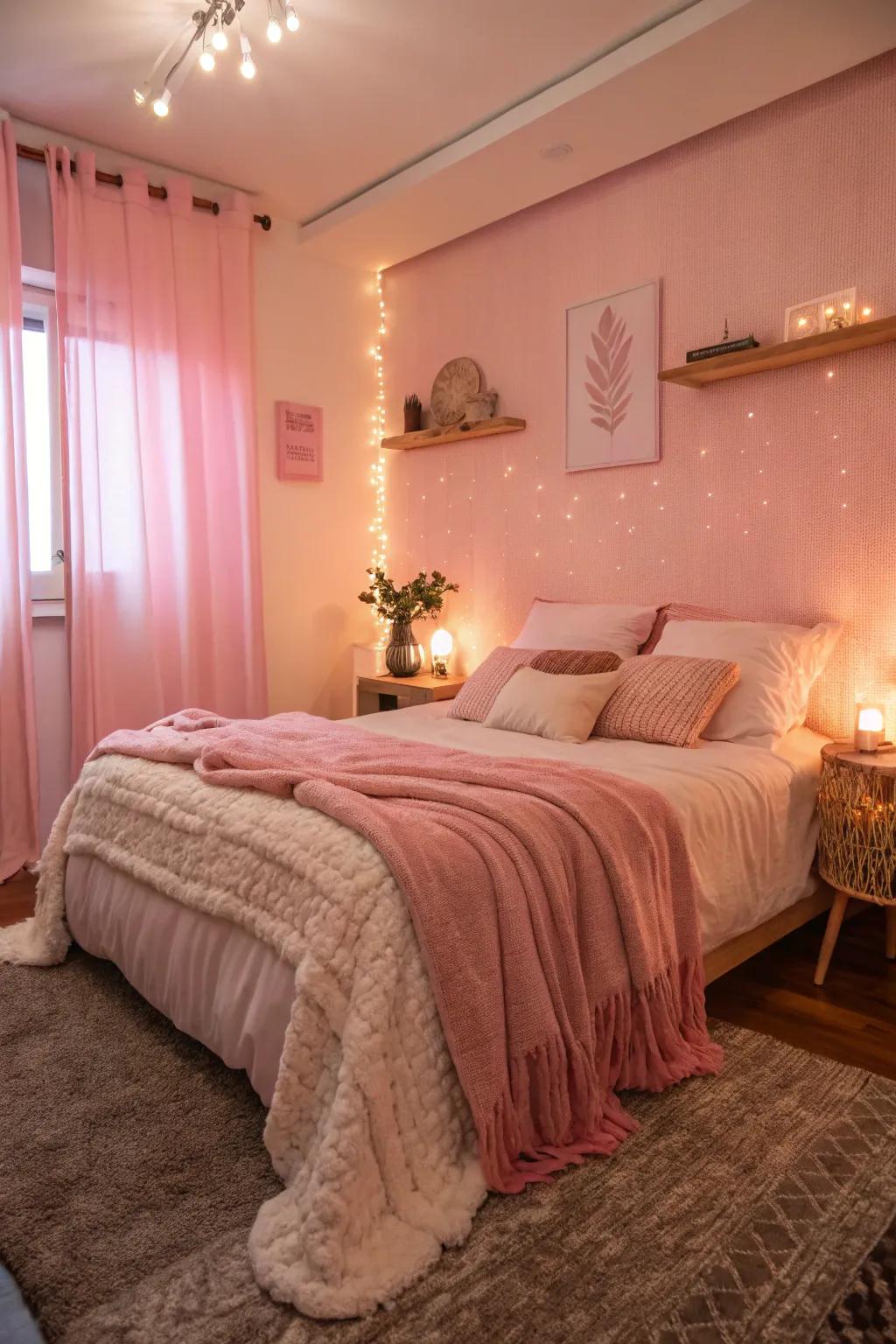 Rose lighting casts a warm glow, enhancing the cozy atmosphere of this bedroom.