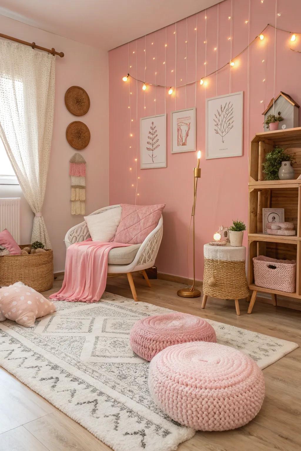 Balanced pink and neutral tones.
