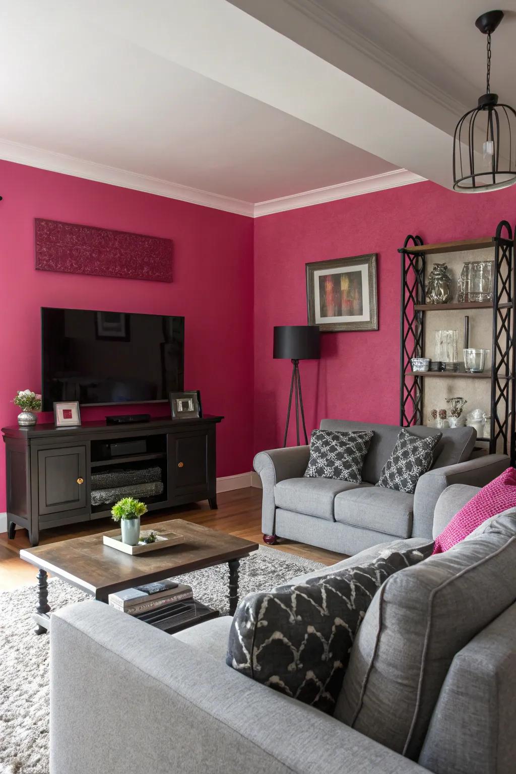 An eye-catching pink accent wall provides a vibrant setting.